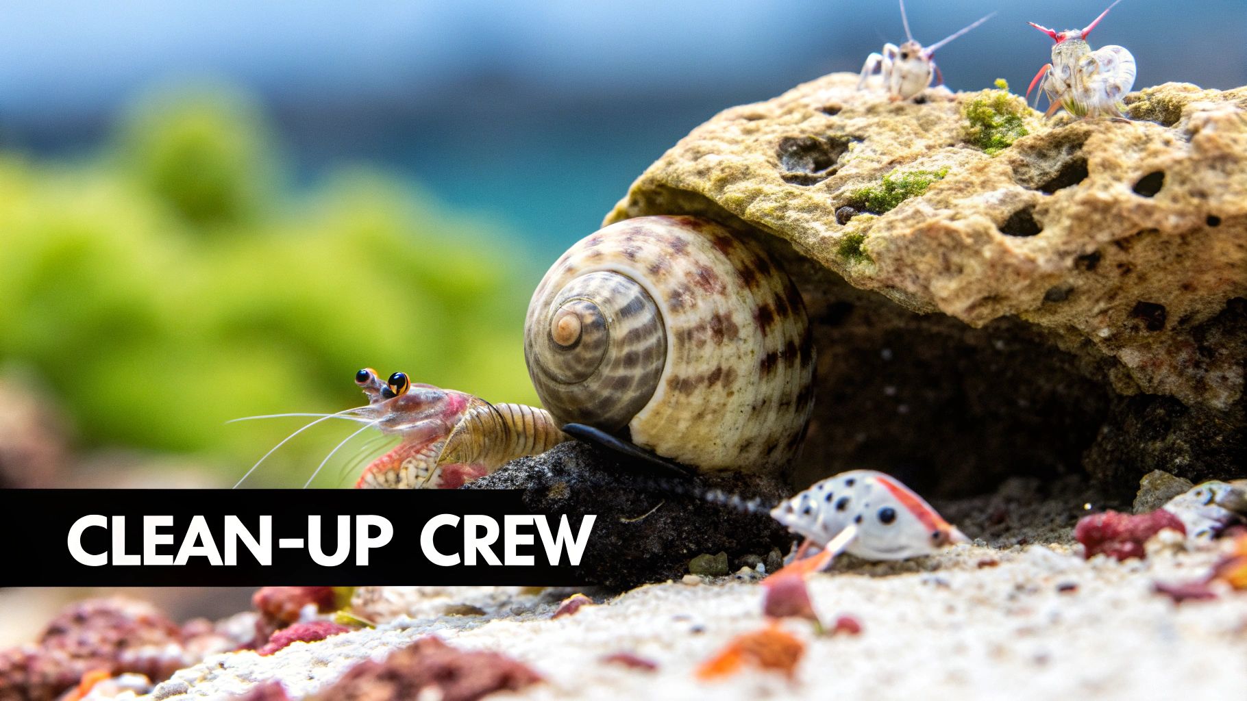 A vibrant Lawnmower Blenny perched on live rock in a saltwater aquarium, actively grazing for algae.