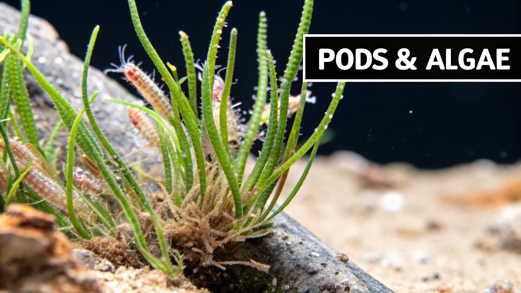 Close-up of green marine algae and small pods thriving in a sandy reef tank refugium.