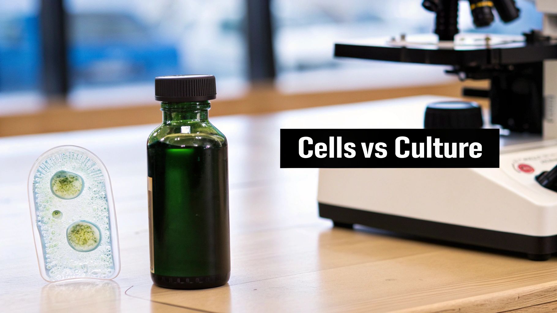 A lab setup featuring a microscope, a green bottle, and a slide with magnified cells, captioned 'Cells vs Culture'.