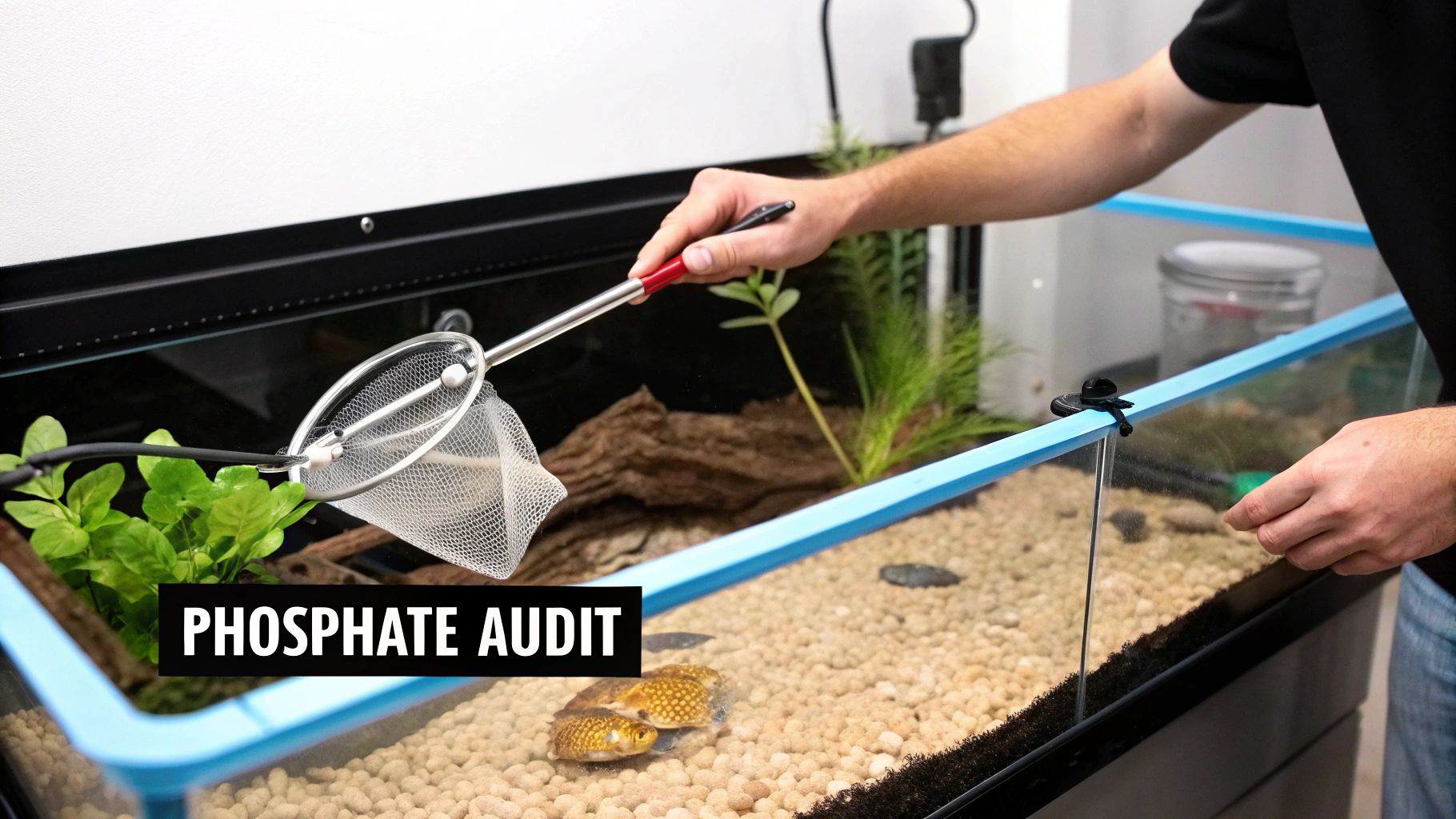 A person uses a net to interact with fish and plants in a brightly lit aquarium, labeled 'PHOSPHATE AUDIT'.