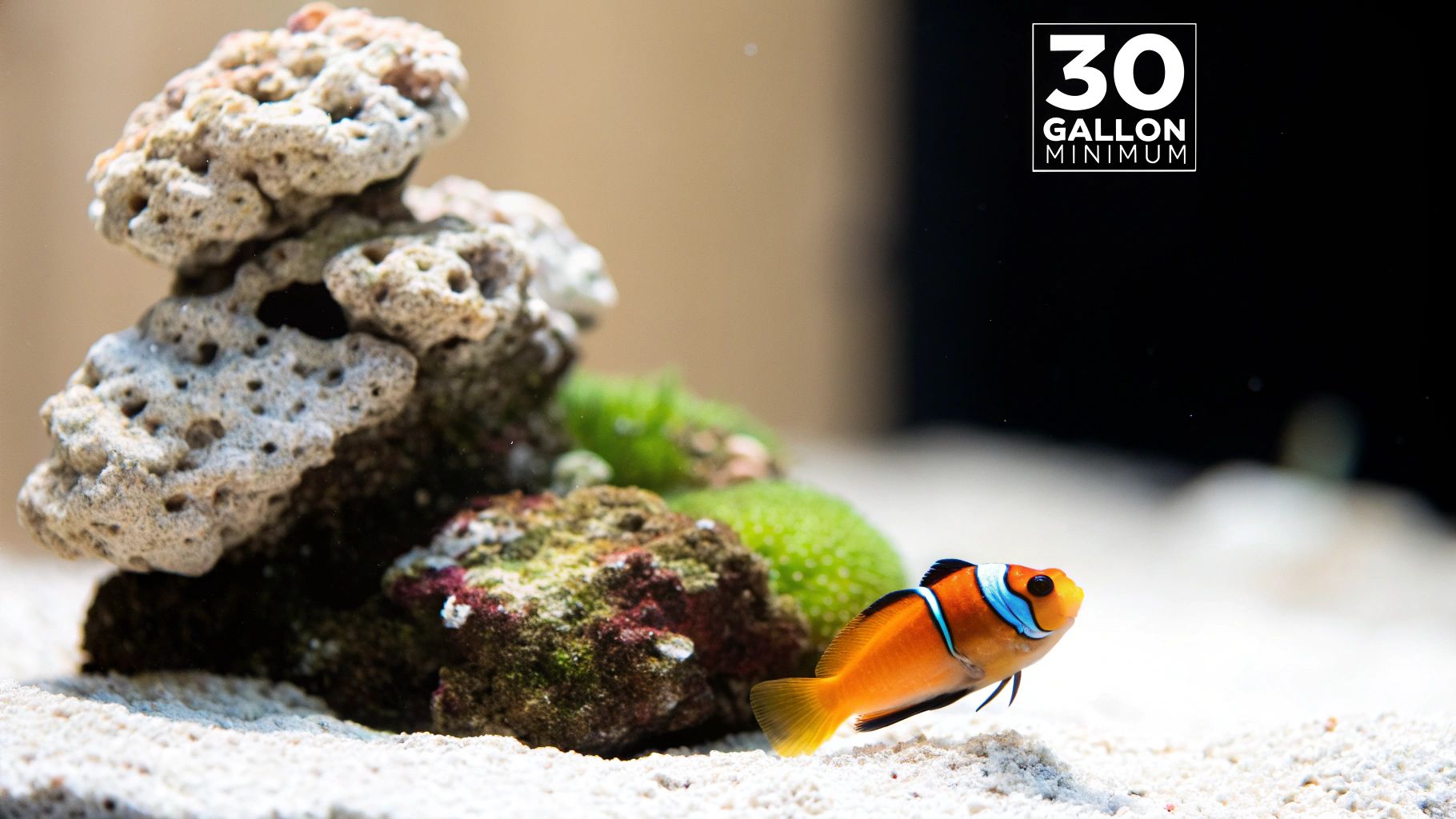 Clownfish swimming near coral rocks in 30 gallon minimum aquarium tank setup