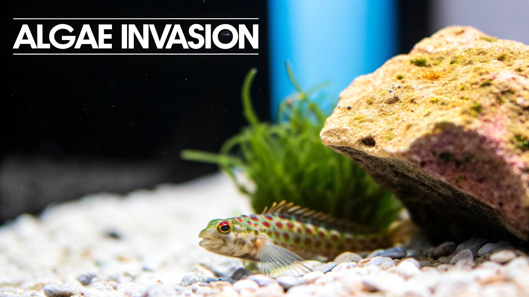 A vibrant marine aquarium with corals and fish, representing a healthy ecosystem where hair algae is controlled.