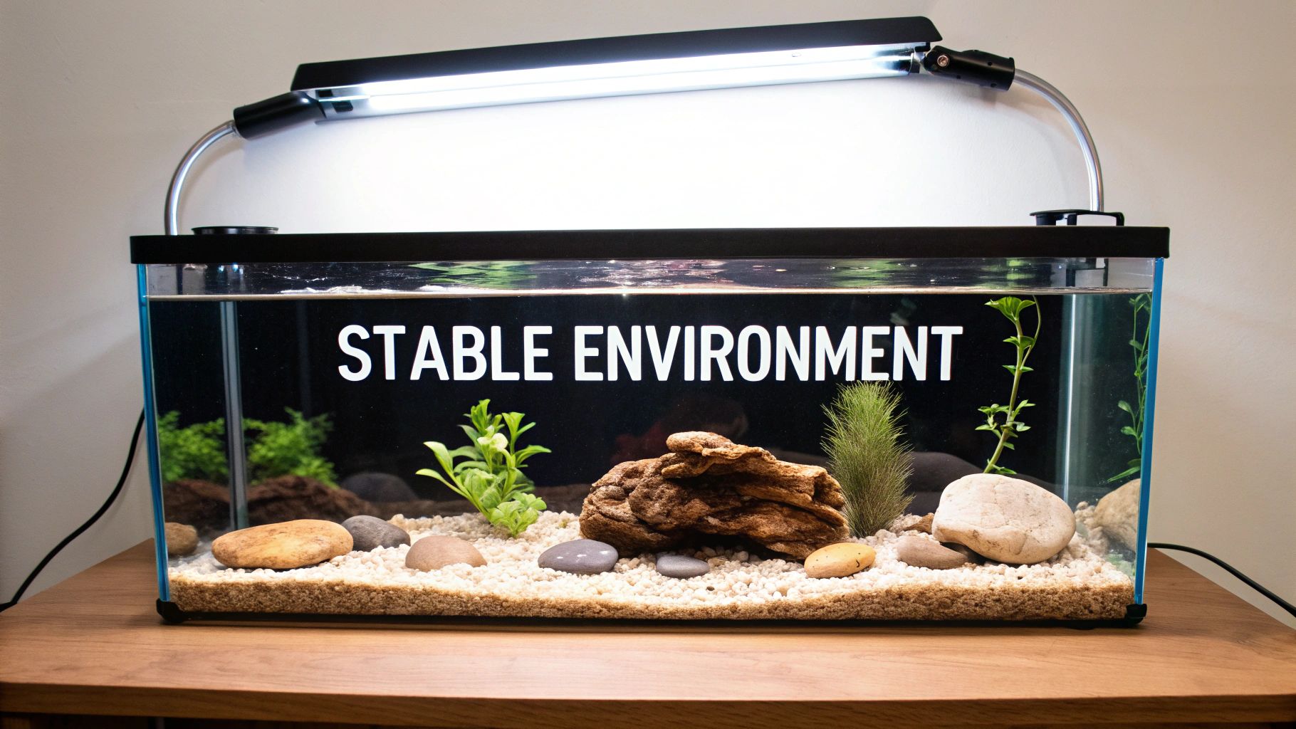 A brightly lit aquarium displaying 'STABLE ENVIRONMENT' text, with aquatic plants, rocks, and driftwood.