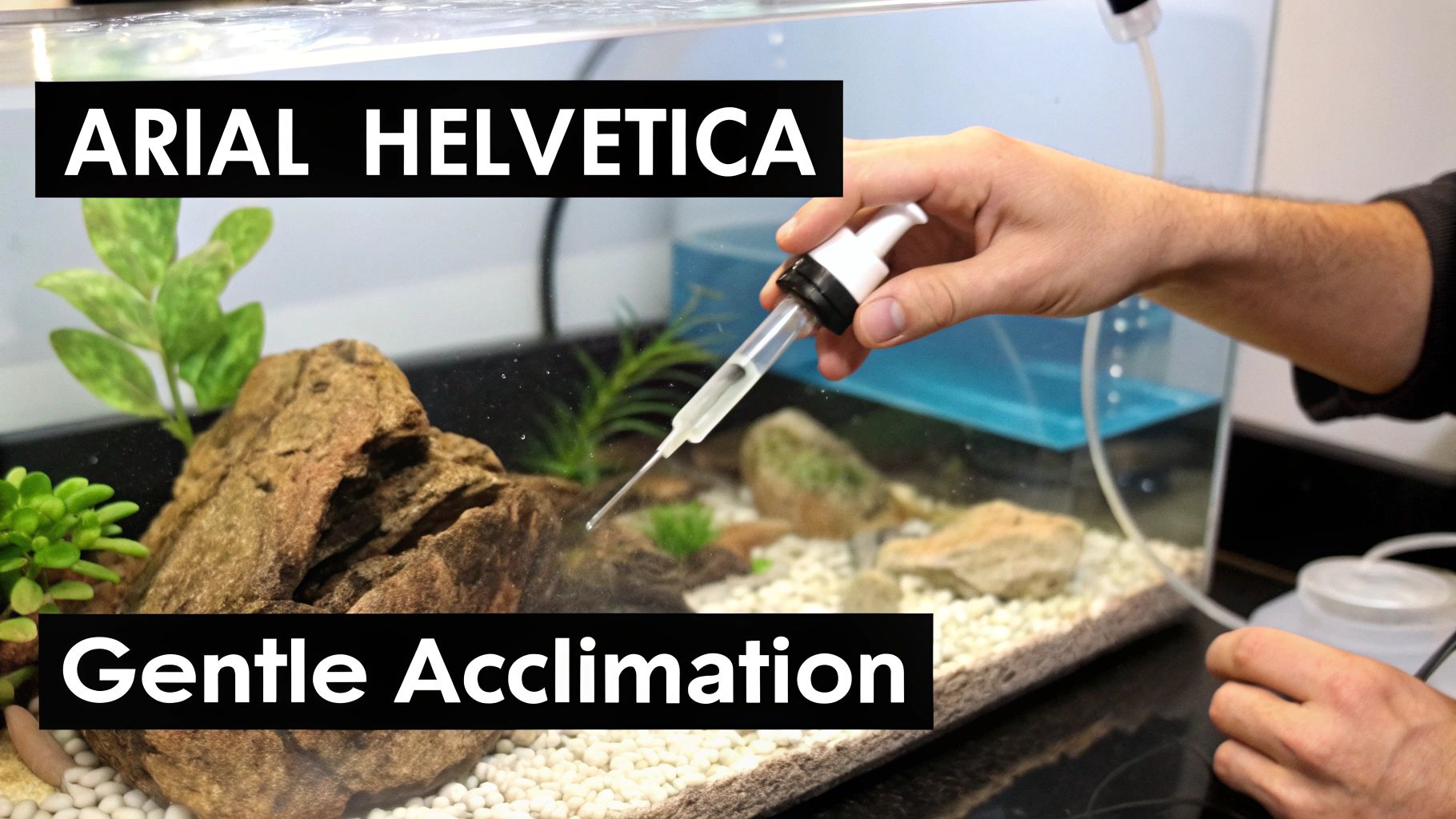 A person's hand uses a dropper to gently add liquid to a freshwater aquarium with plants and rocks.