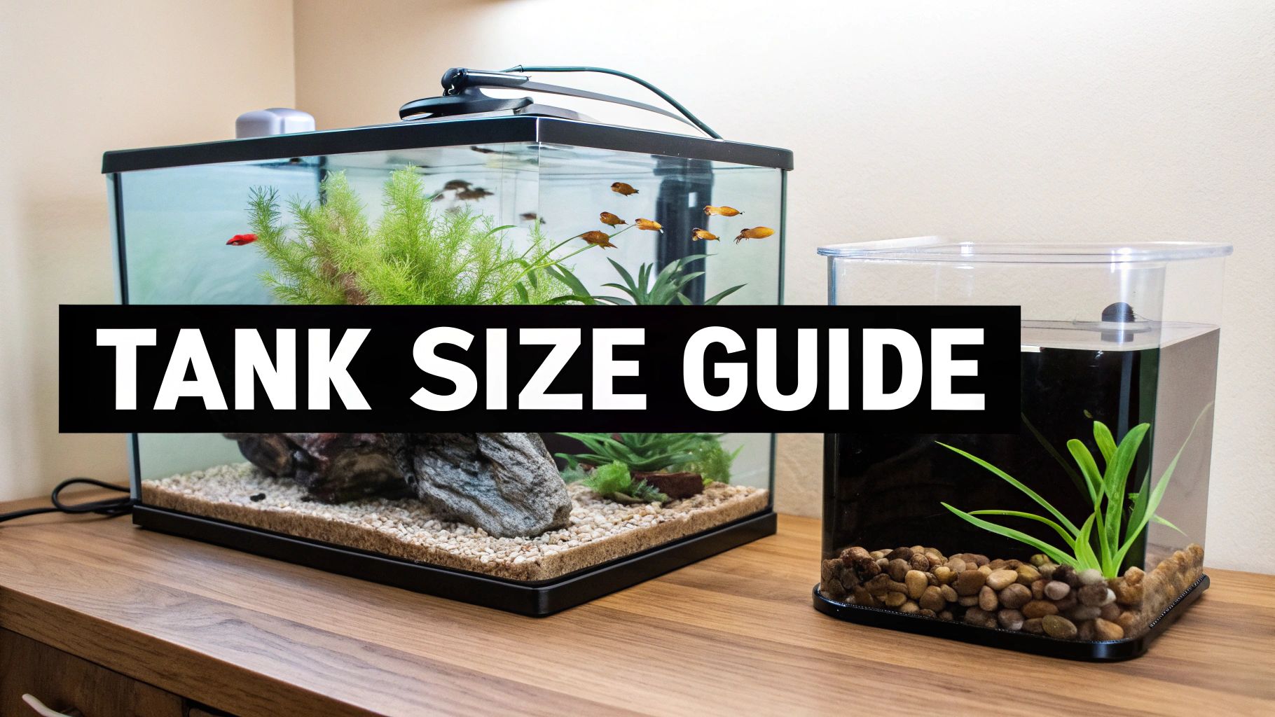 Two aquariums of different sizes, one large with fish and plants, and a smaller tank, with text 'TANK SIZE GUIDE'.