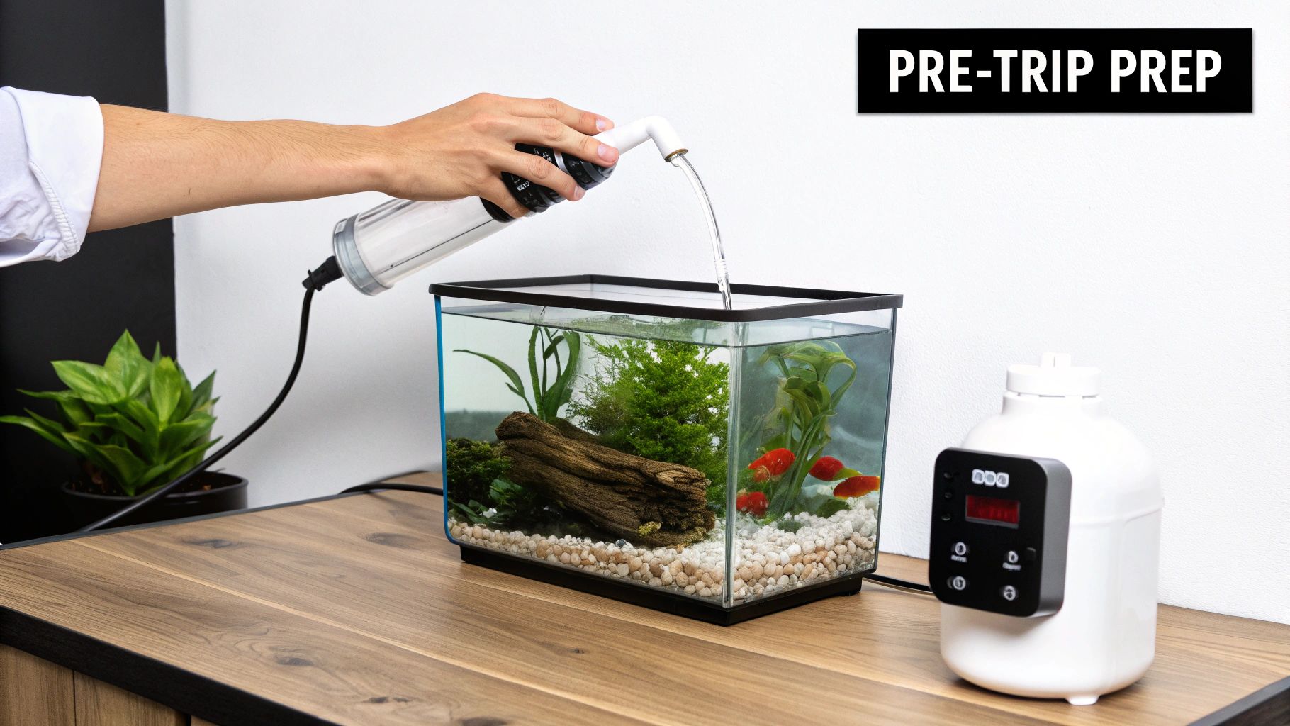 A person adds water to a fish tank containing fish and plants, next to an automatic fish feeder, captioned 'PRE-TRIP PREP'.