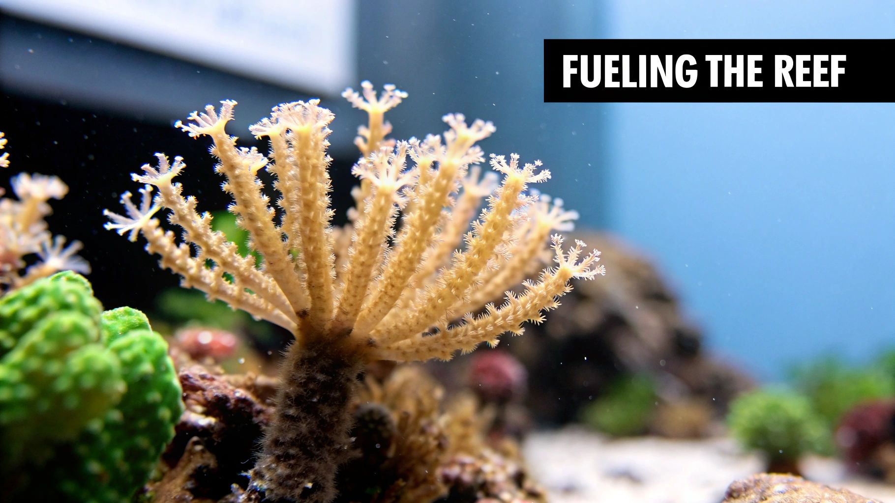 A close-up of a live, light-brown coral with extended polyps in a vibrant reef tank.