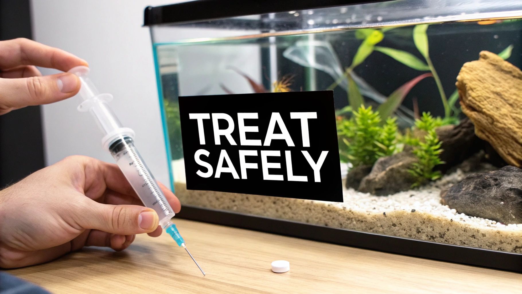 Chemical treatments for cyanobacteria being prepared next to a reef tank