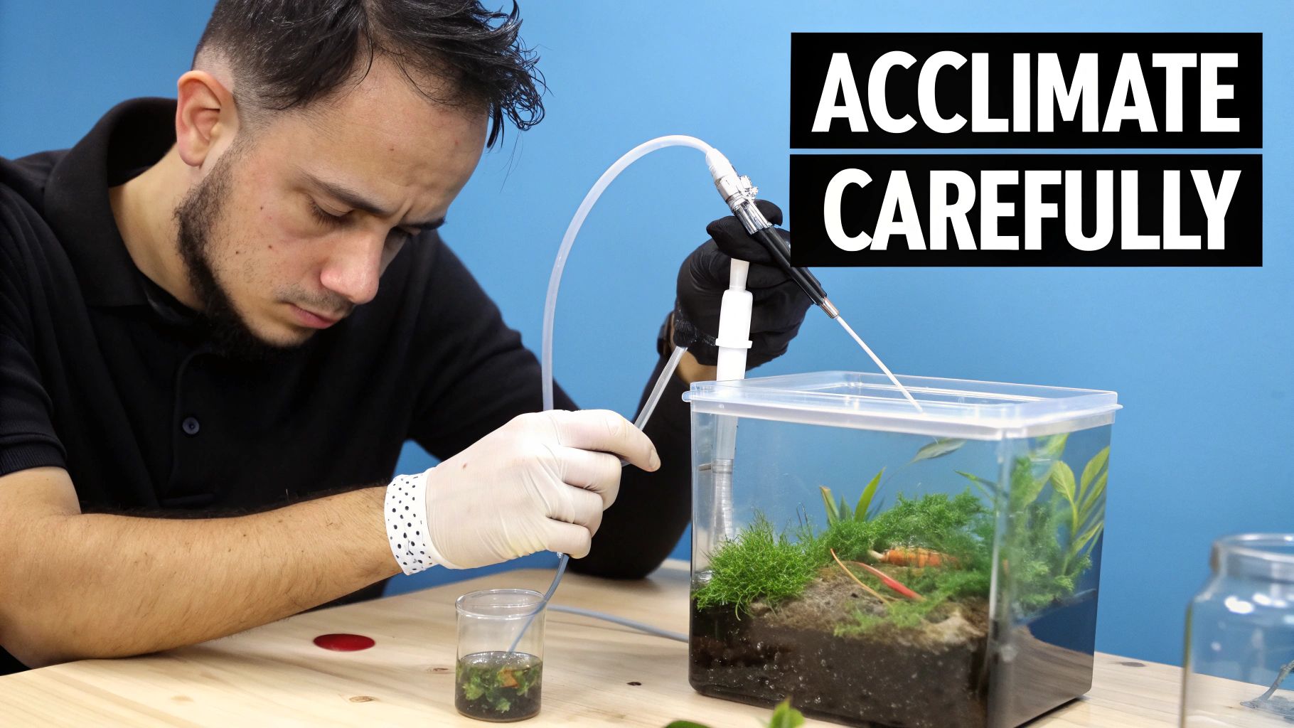 A person uses a drip acclimation kit to carefully add water to a small aquarium with fish and plants.