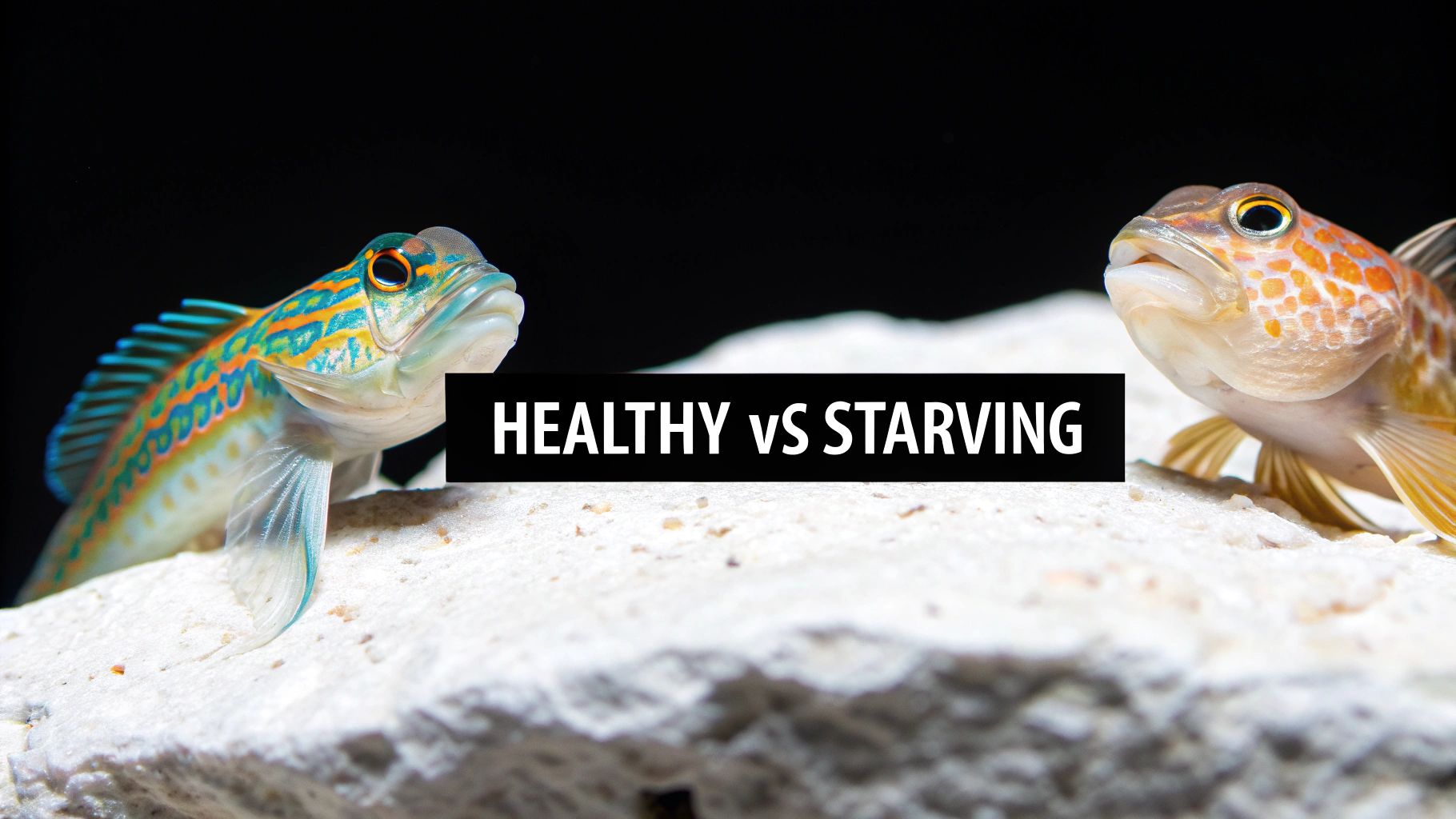 A healthy mandarin dragonet with a rounded belly and vibrant colors.