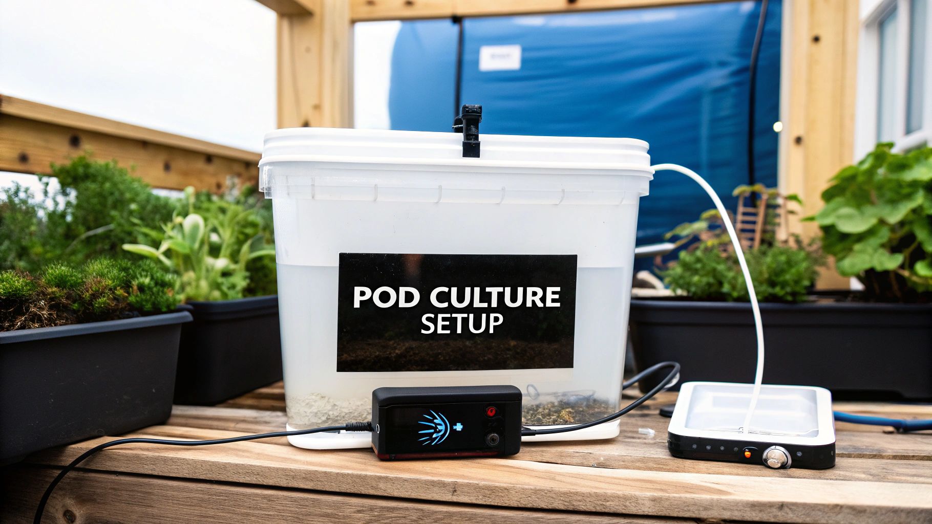 A pod culture setup featuring a clear bucket, electronic devices, and tubing on a wooden table, surrounded by plants.