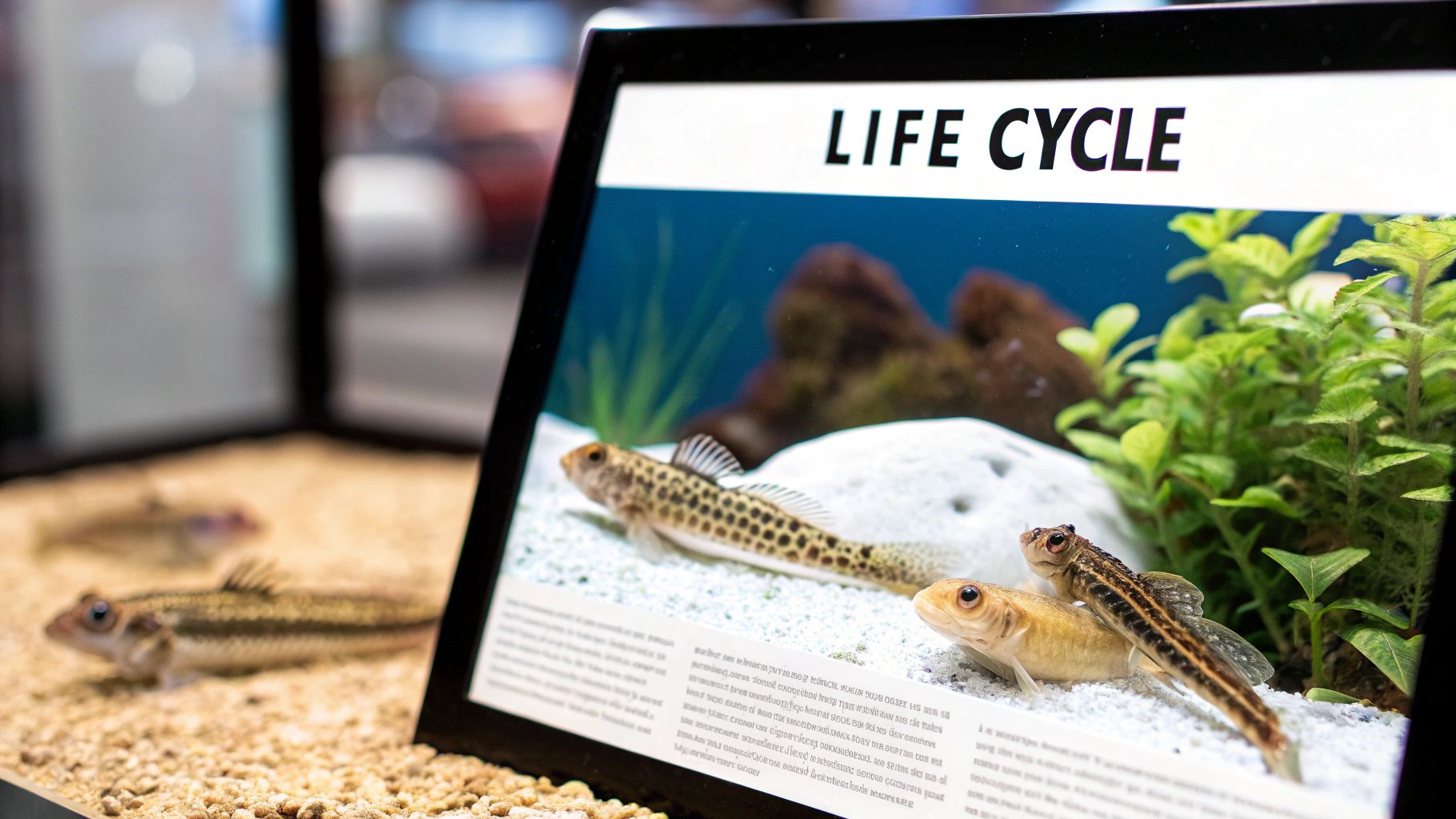 An educational aquarium exhibit displaying a "LIFE CYCLE" sign, with small fish in a simulated underwater environment and real fish in the foreground.