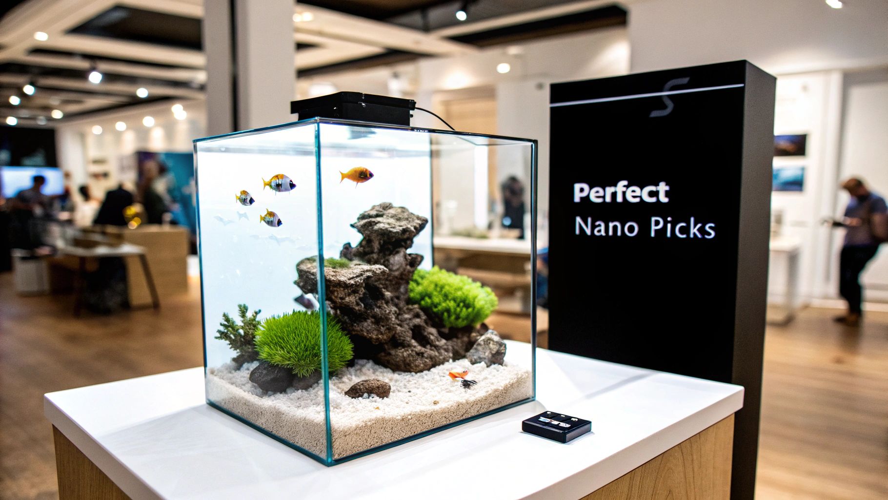 A small glass nano aquarium with colorful fish, plants, and rocks on a white counter.