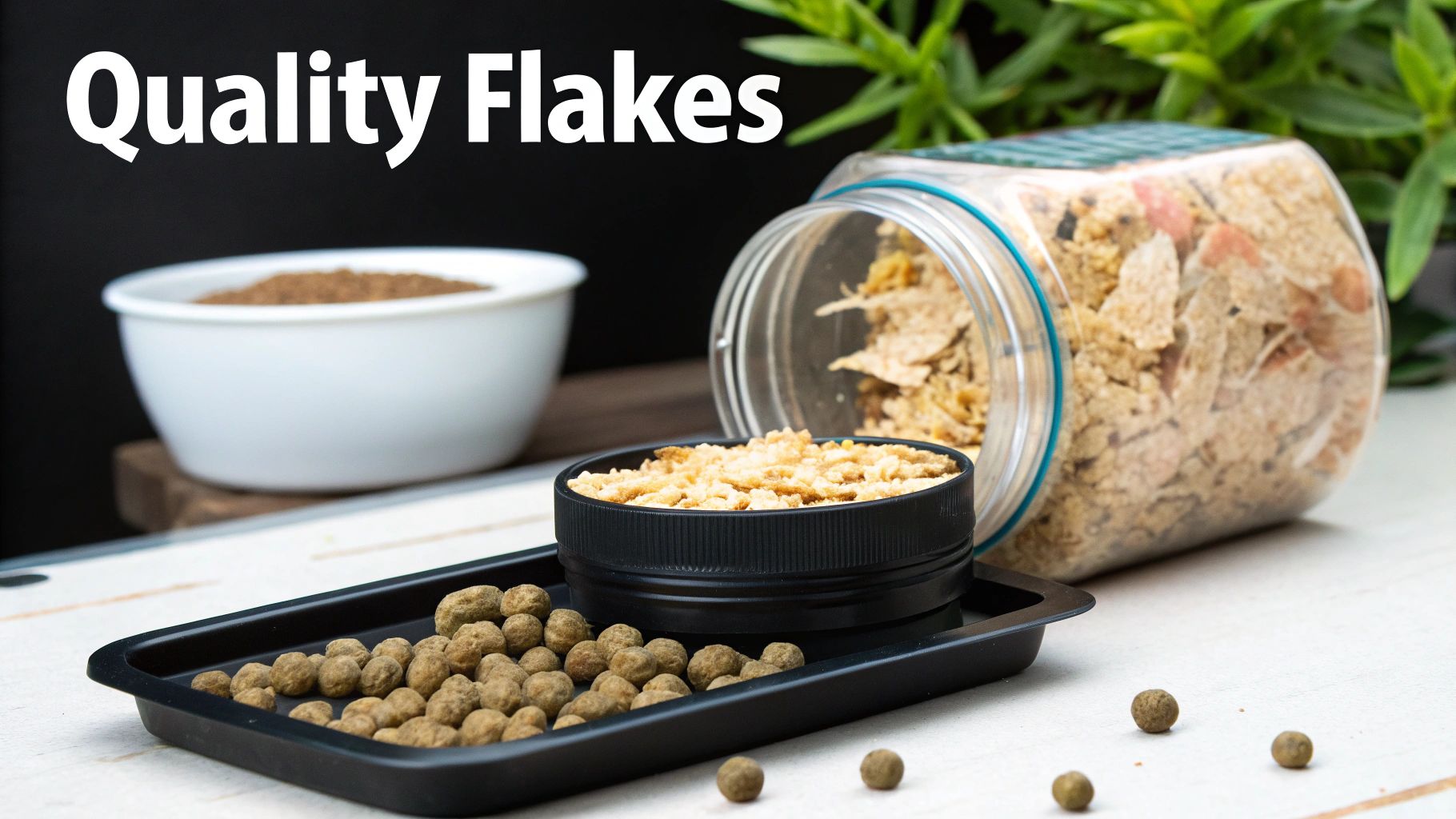 A close-up shot of various high-quality fish flakes and small pellets being held in a person's palm, with a guppy tank blurred in the background.