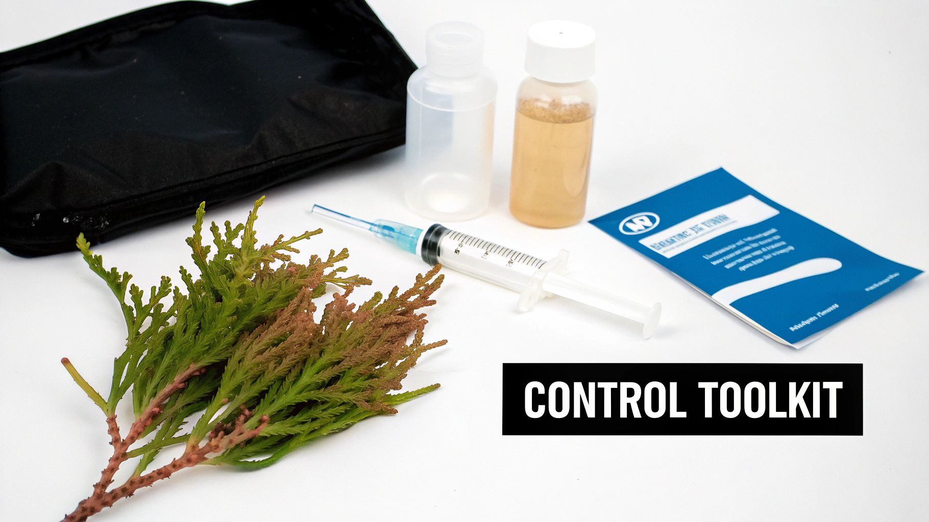 A control toolkit for testing, featuring a plant branch, bottles, syringe, and a blue booklet on white.