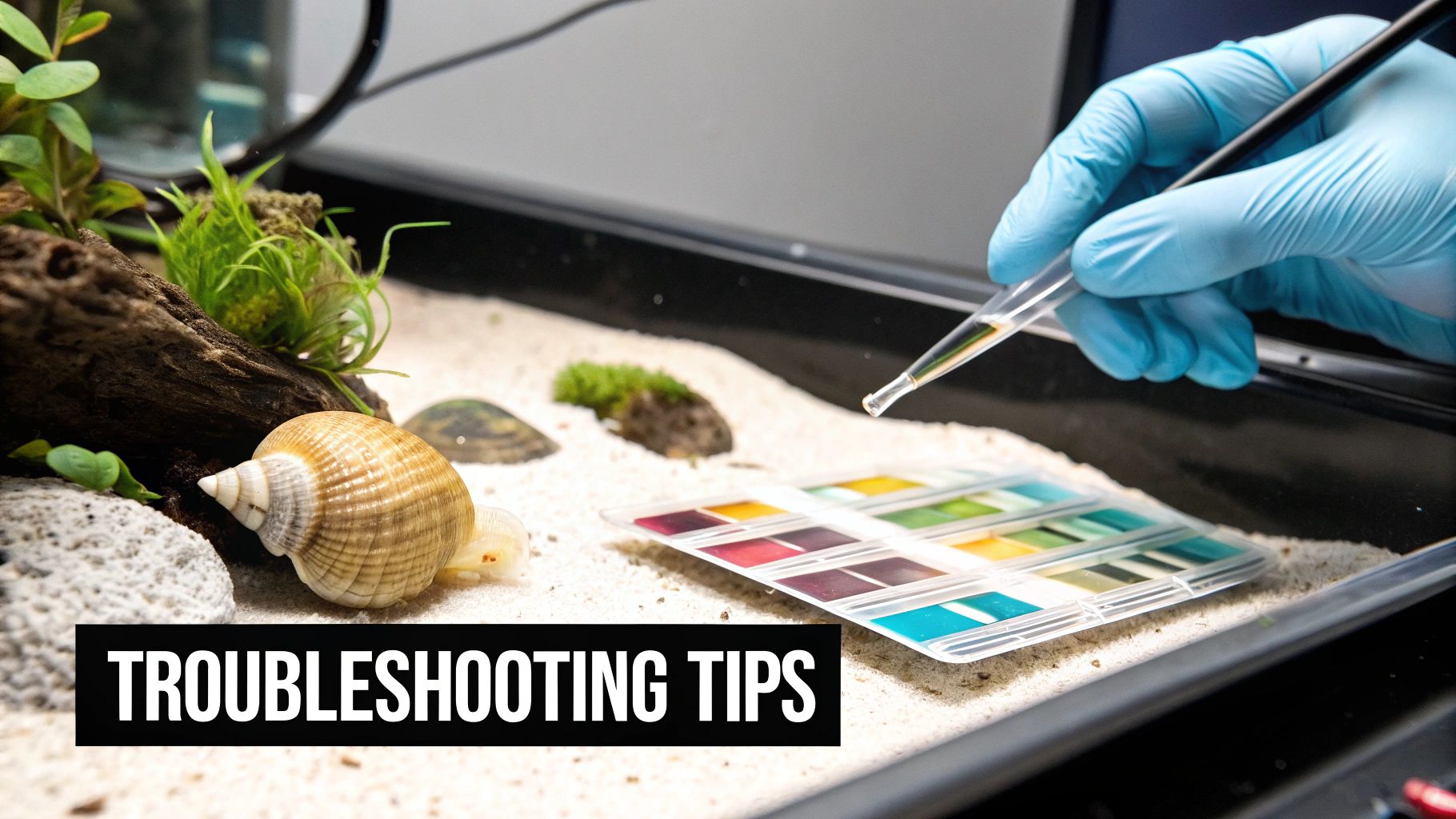 A gloved hand uses a pipette to add liquid to an aquarium water test kit, near a snail.