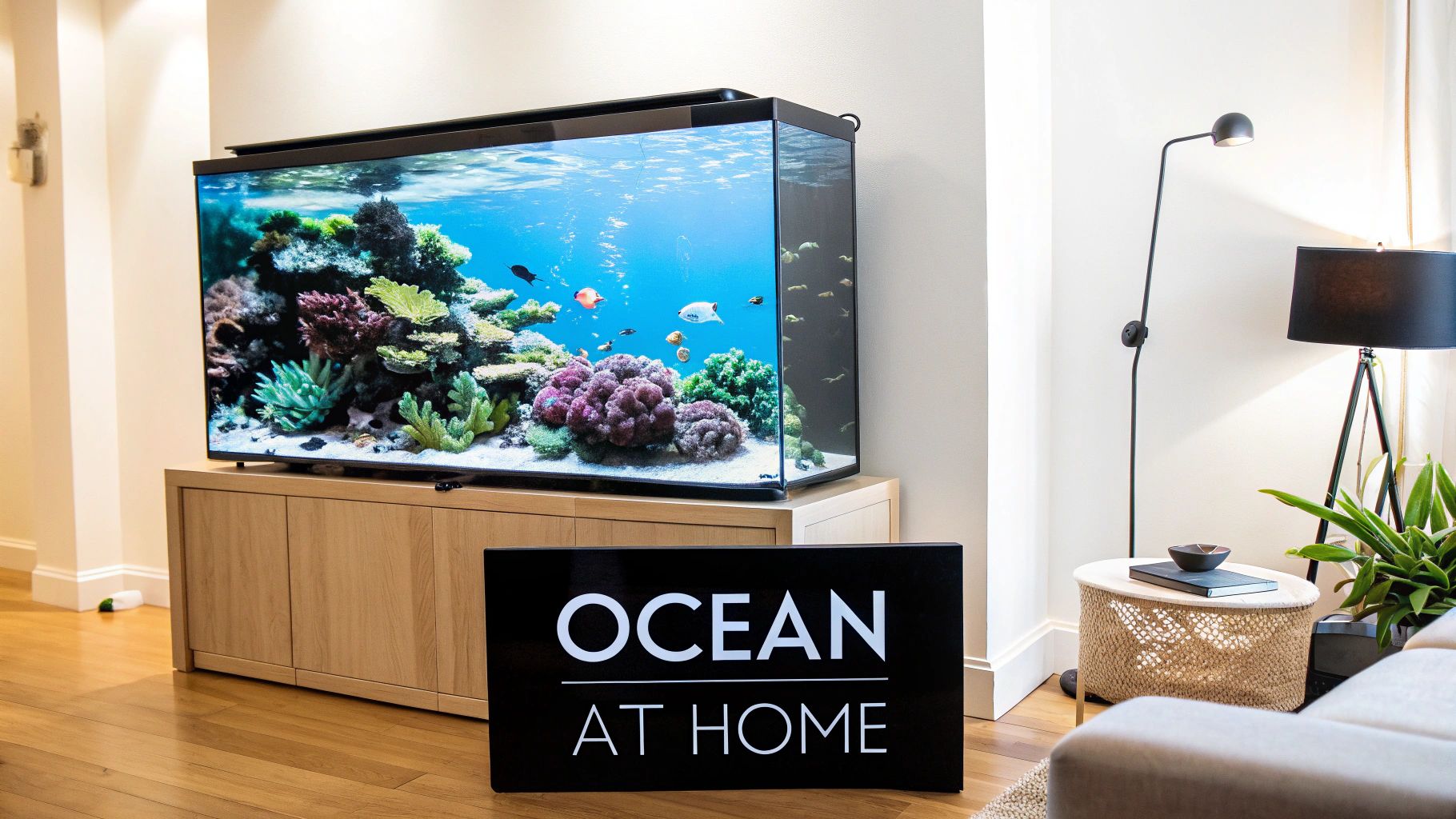 A stunning saltwater coral reef aquarium with colorful fish and corals, displayed in a modern living room.