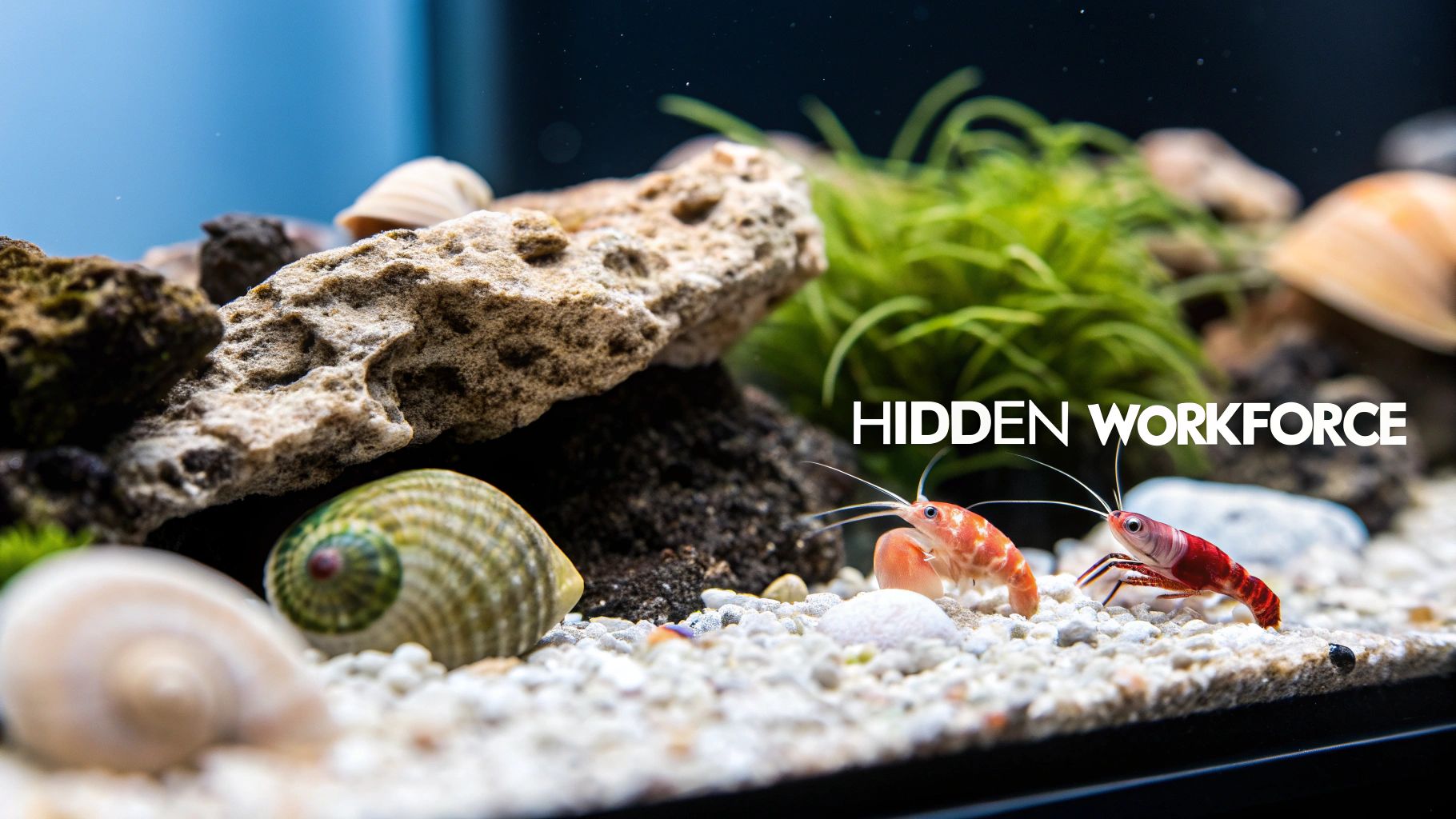 Close-up of an aquarium with two vibrant shrimp, decorative rocks, snails, and white gravel.
