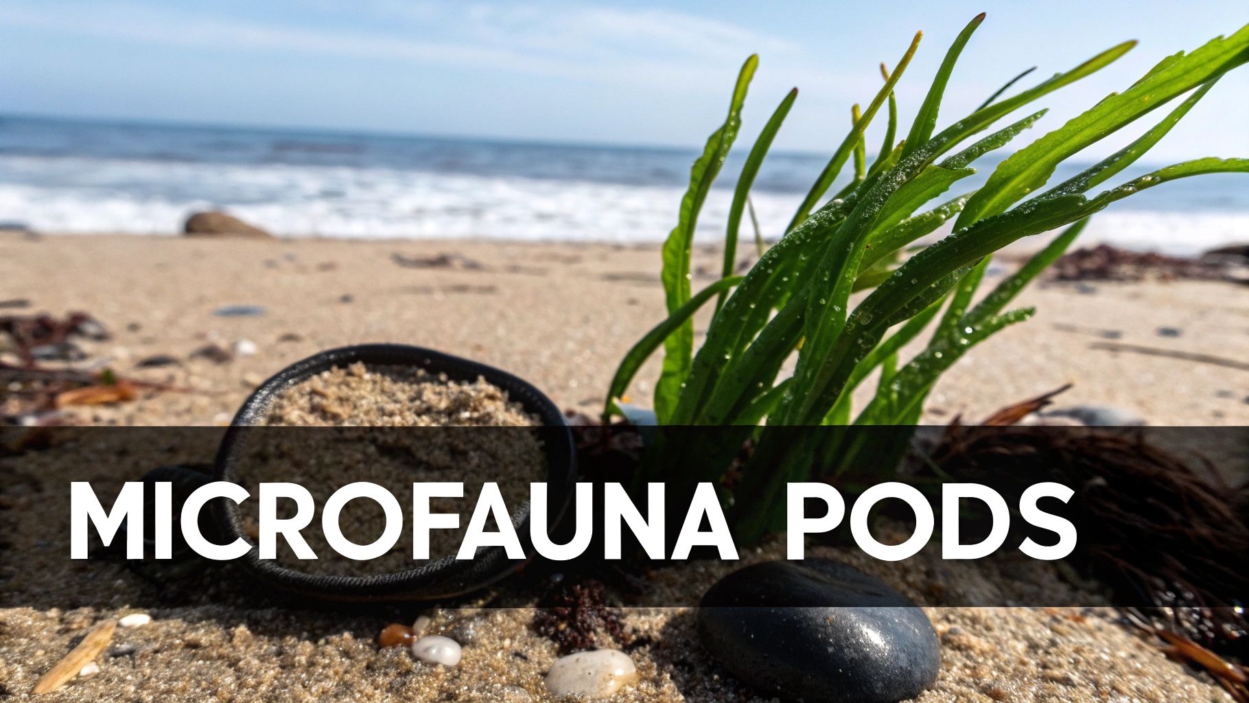 Close-up of a black microfauna pod with sand and green plants on a beach, ocean in background.