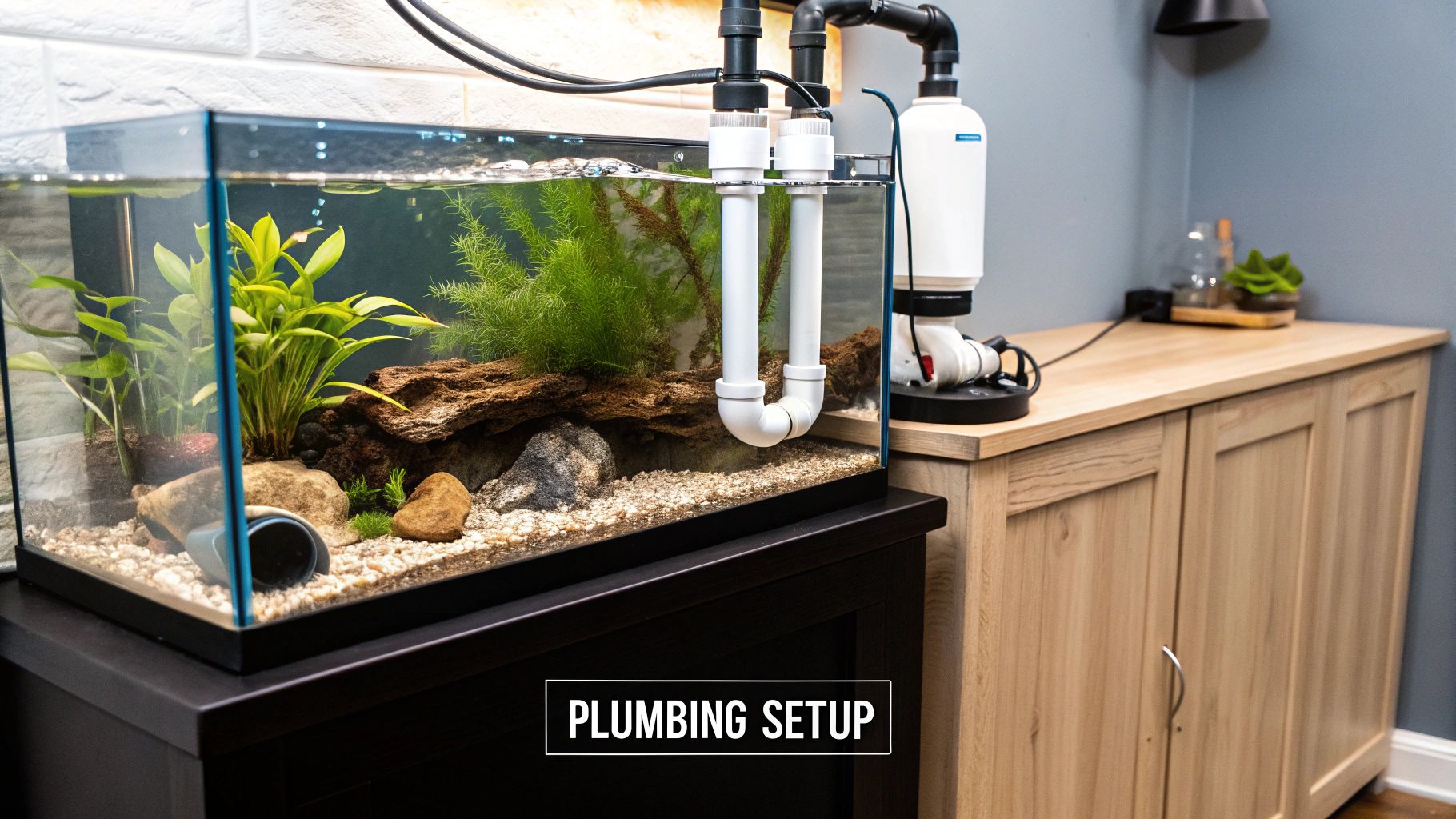 Modern aquarium with a visible external plumbing system, decorated with live plants and driftwood.