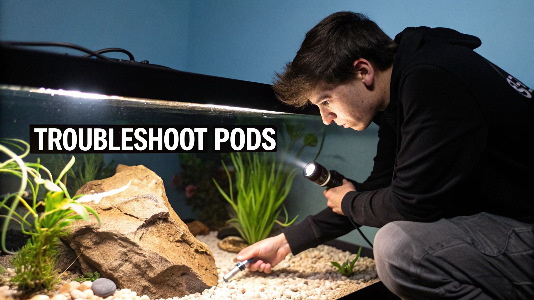 A man shines a flashlight into an aquarium to troubleshoot issues with pods among plants and rocks.