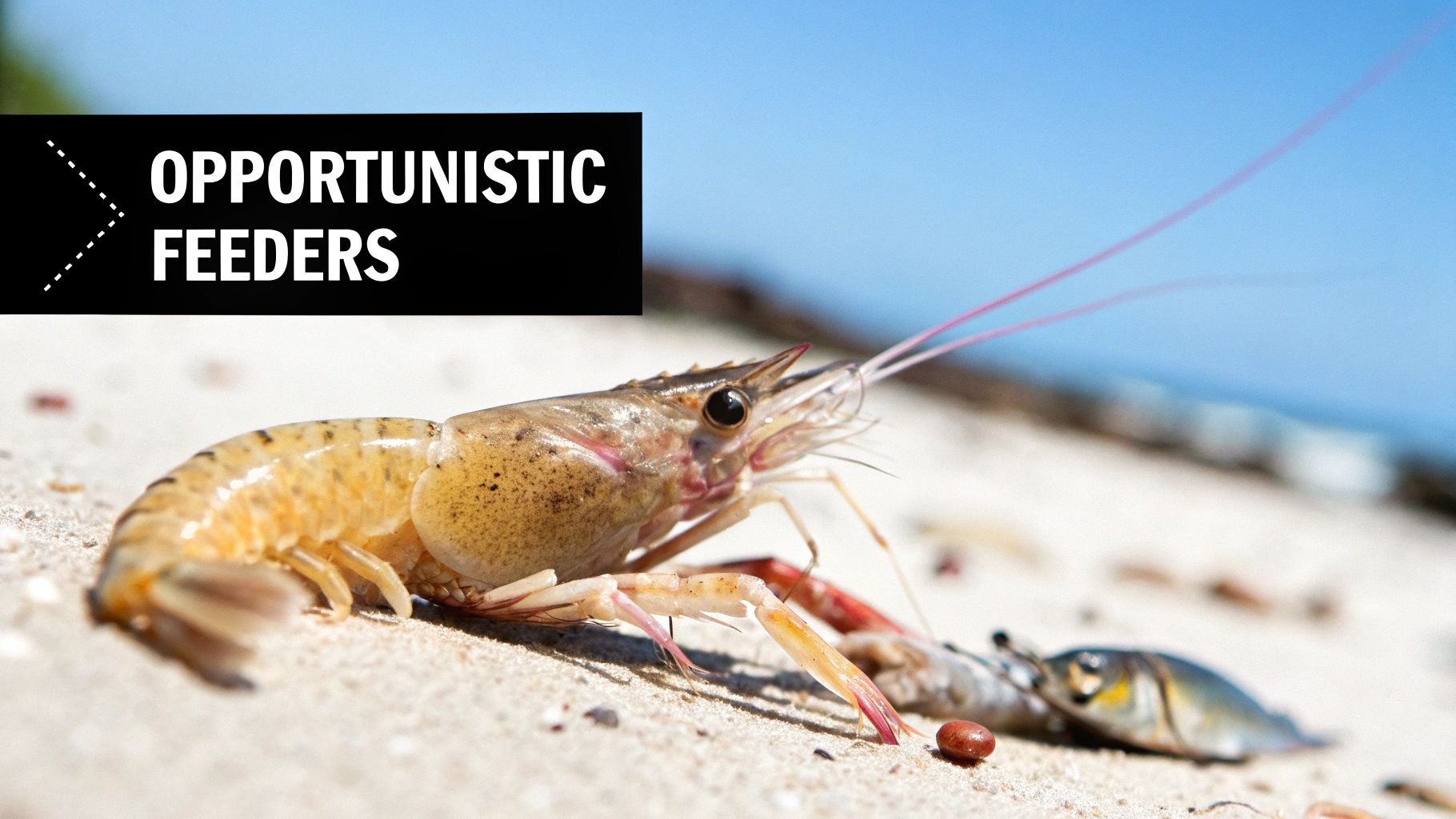 A shrimp on the seafloor, actively searching for food among sand and rocks.