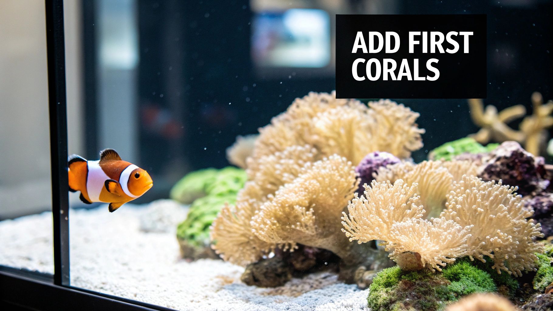 A healthy clownfish swims among vibrant anemones and corals in a mature reef tank.