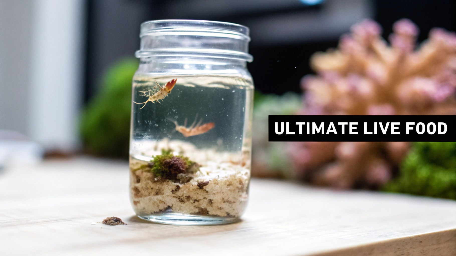 Small crustaceans, possibly Tigriopus californicus, swimming in a glass jar with sand and water, labeled 'ULTIMATE LIVE FOOD'.