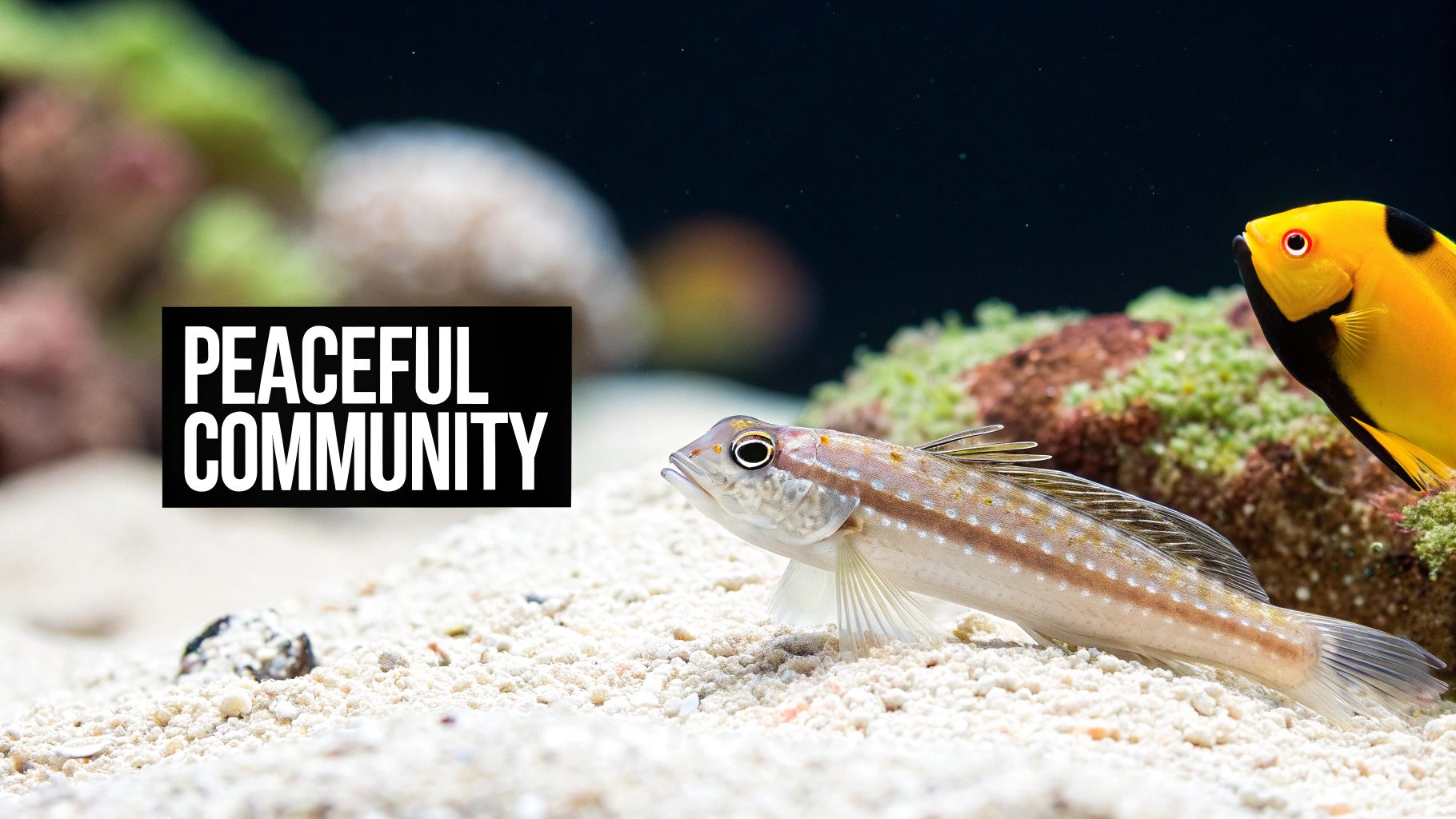 Two colorful marine fish, one striped and one yellow, in an aquarium with &#39;Peaceful Community&#39; text.