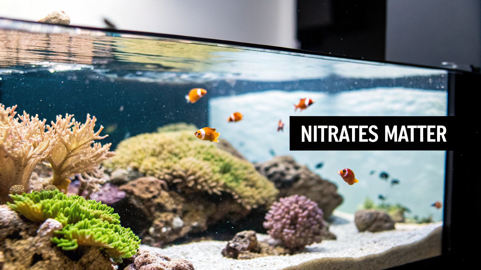 Vibrant coral reef tank with healthy fish and invertebrates
