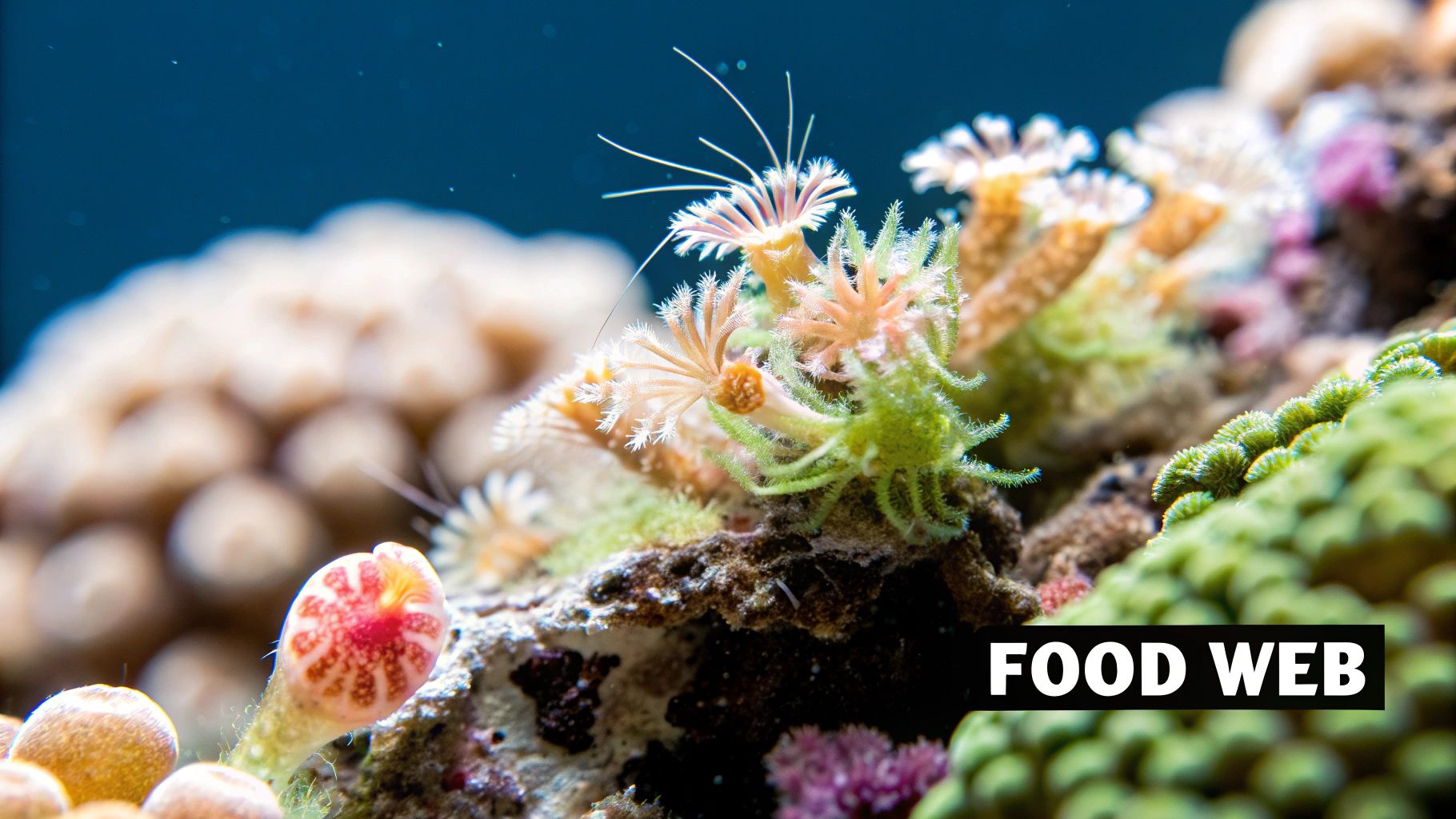 Close-up of copepods swimming among coral polyps in a reef tank.