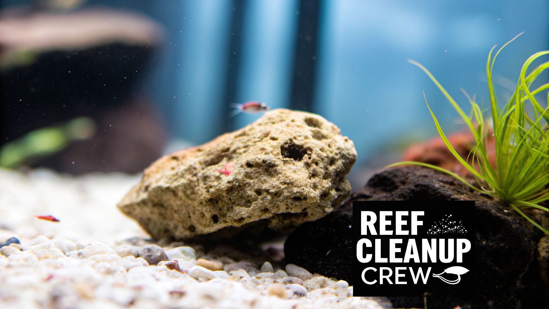 An aquarium tank with white pebbles, a large rock, green plants, tiny fish, and the 'Reef Cleanup Crew' logo.