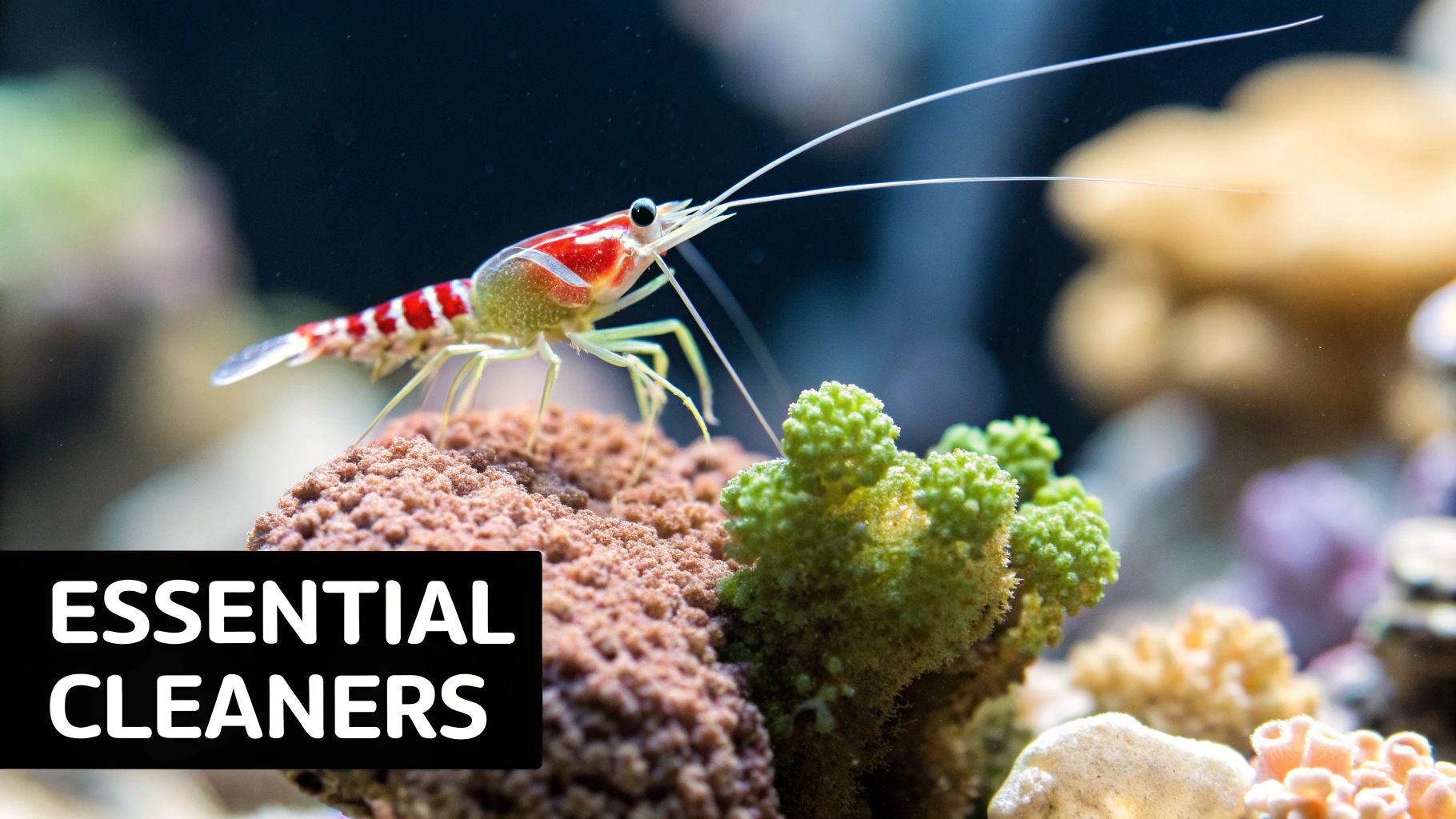 A vibrant red and white striped cleaner shrimp stands on coral in a beautiful reef aquarium.