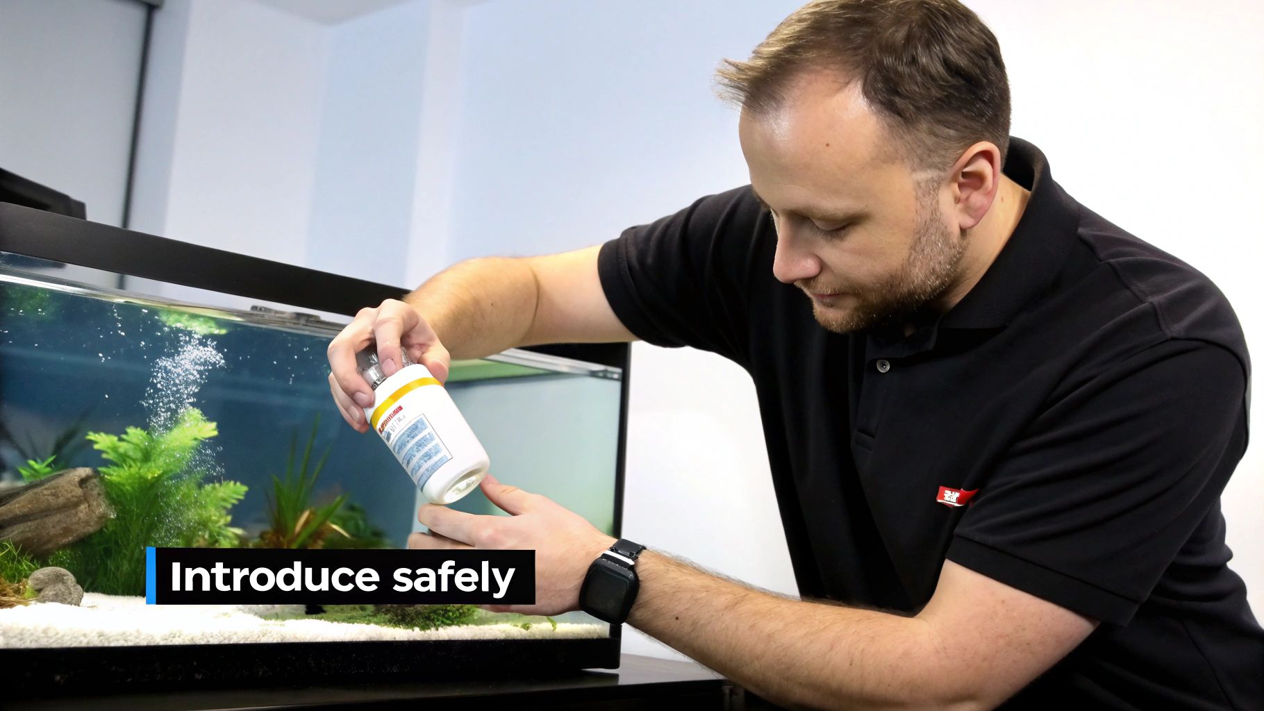 A man carefully adds a supplement from a white bottle into a bubbling aquarium with plants.
