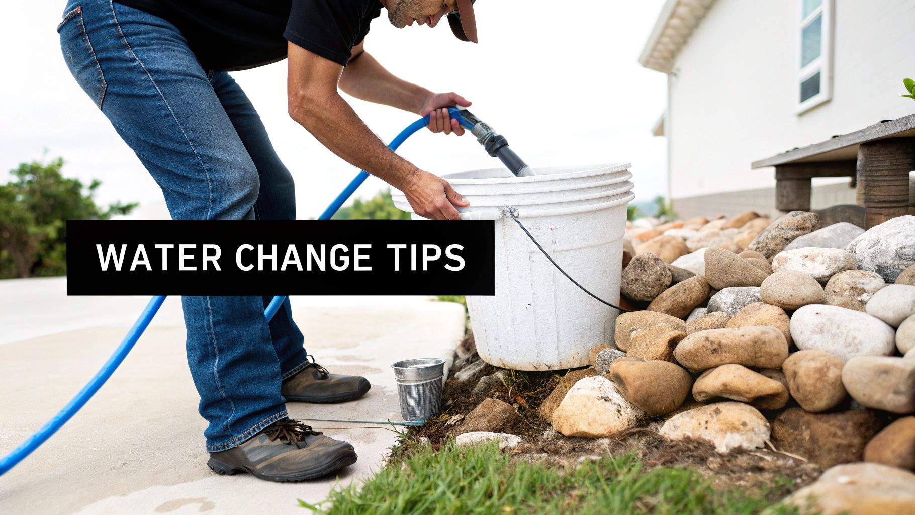 A person in blue jeans fills a white bucket with water using a blue hose, with a 