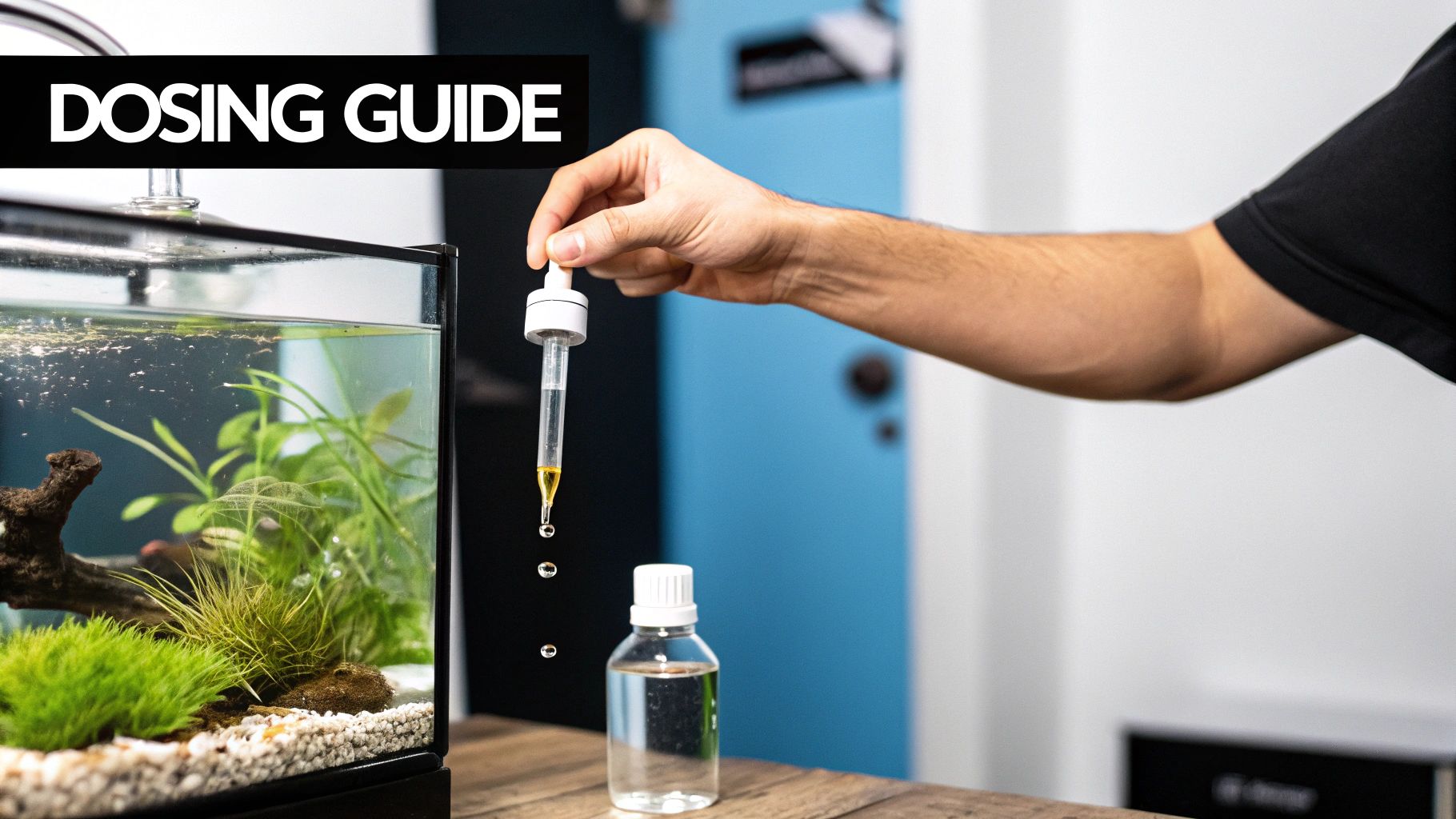 A hand uses a dropper to add liquid from a bottle into a small, vibrant planted aquarium, with a "DOSING GUIDE" banner.