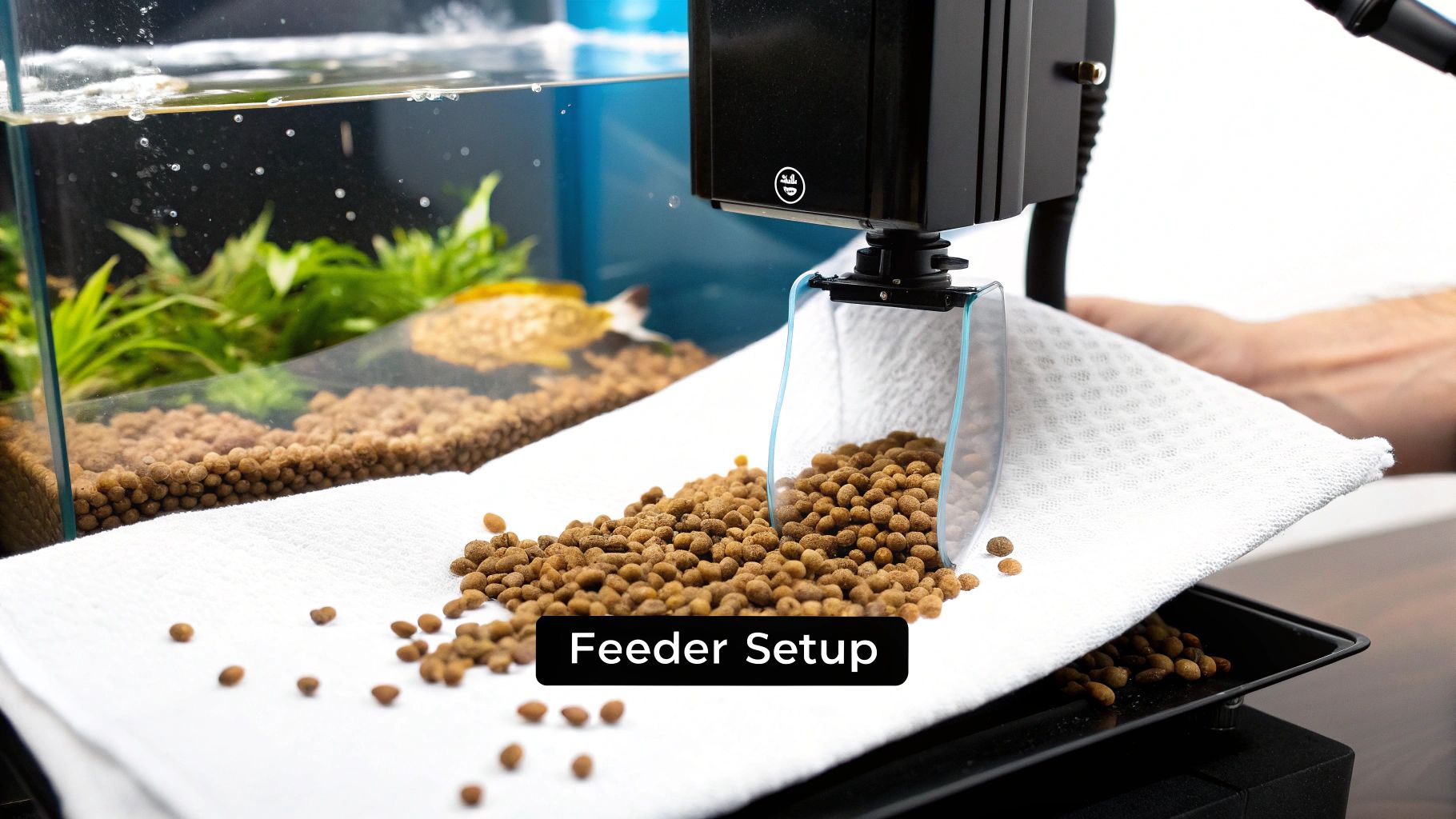 Automatic fish feeder being set up with brown pellets spilling onto a white towel next to an aquarium.