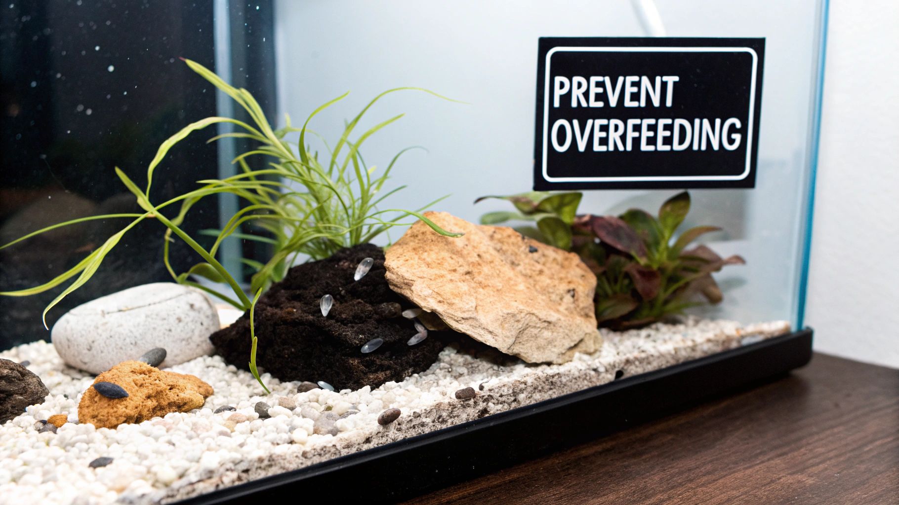 A small aquarium setup featuring gravel, rocks, aquatic plants, and a sign saying 'Prevent Overfeeding'.