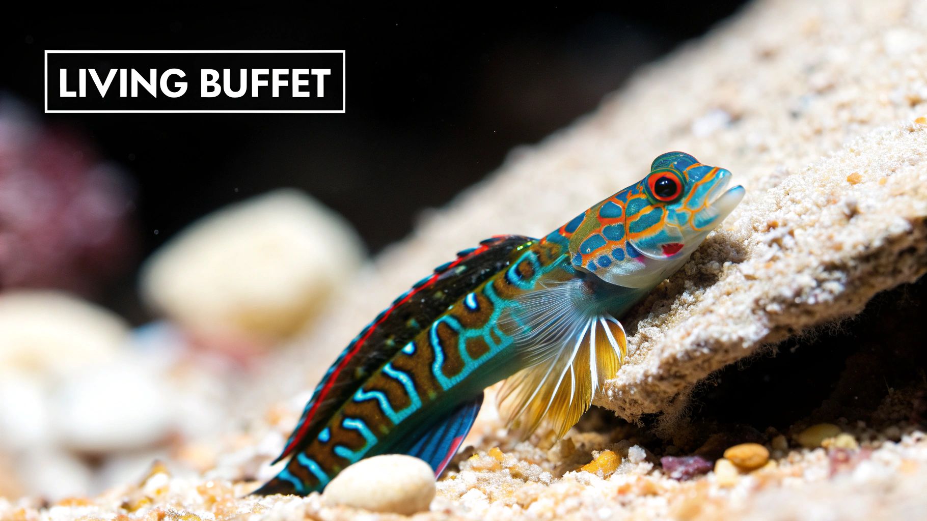 A mandarin dragonet carefully inspecting live rock for food