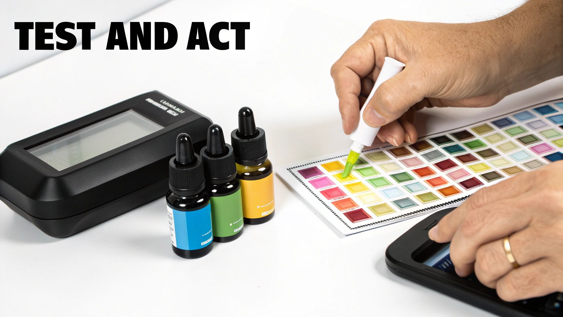 Hands performing saltwater tank maintenance, using dropper bottles, a color chart, and a digital water tester.