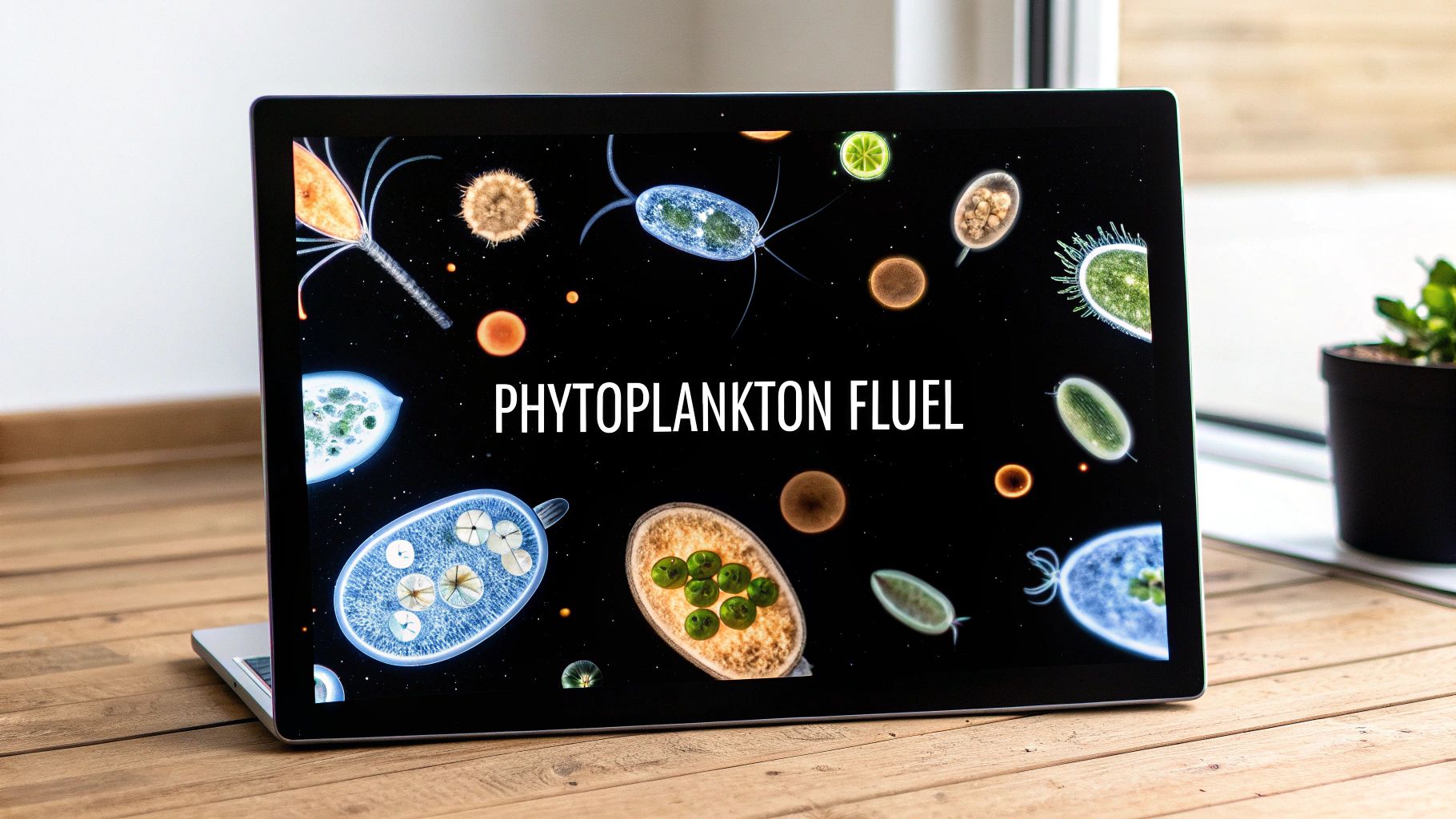 Phytoplankton swirling in water, representing the base of the copepod diet