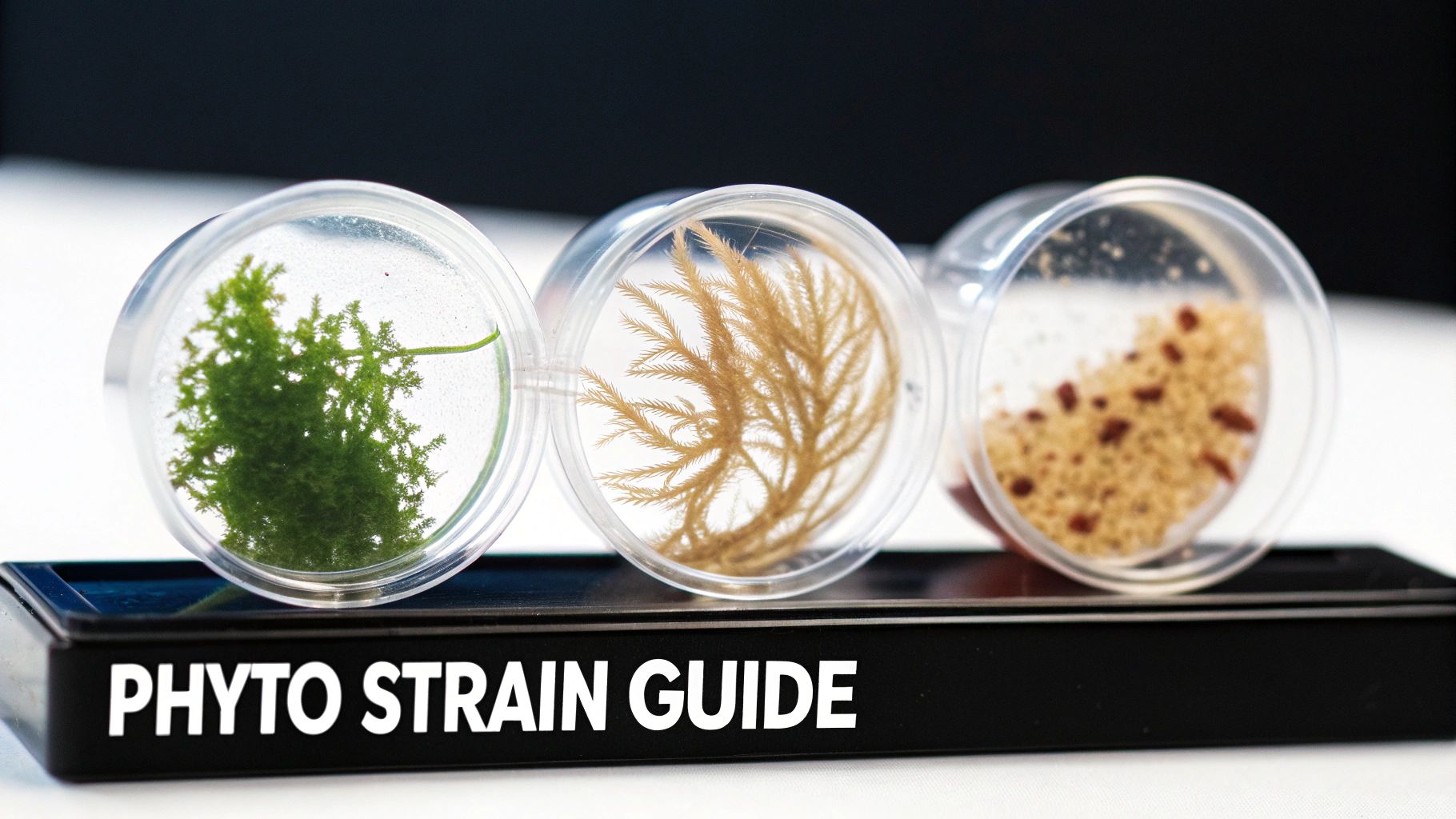 Three clear containers on a black tray displaying distinct phytoplankton strains: green, dried, and granular samples.