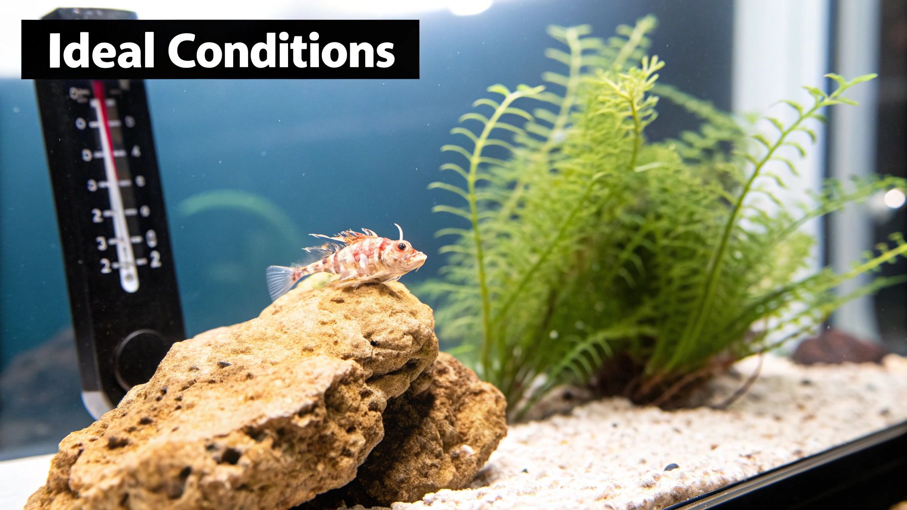 A close-up of Dragon's Breath macroalgae showing its vibrant red fronds in an aquarium.