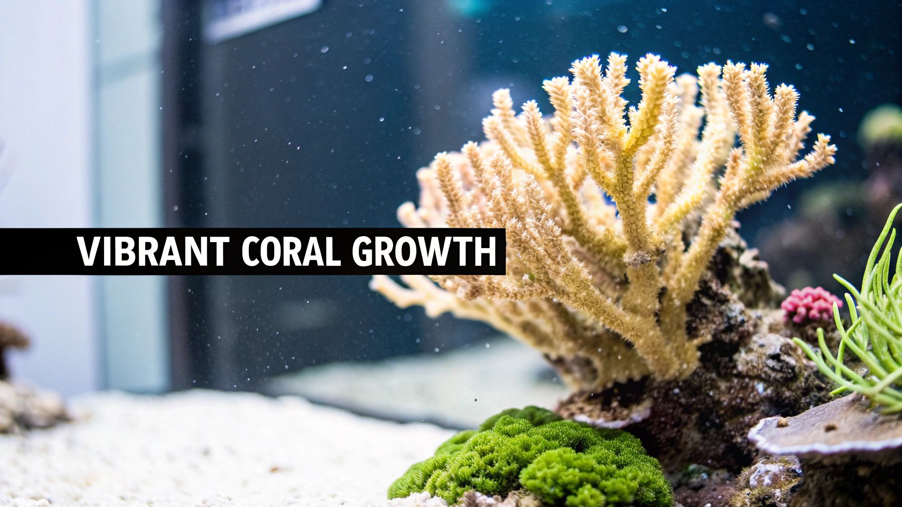A close-up shot of vibrant yellow branching coral and green algae growing in an aquarium.
