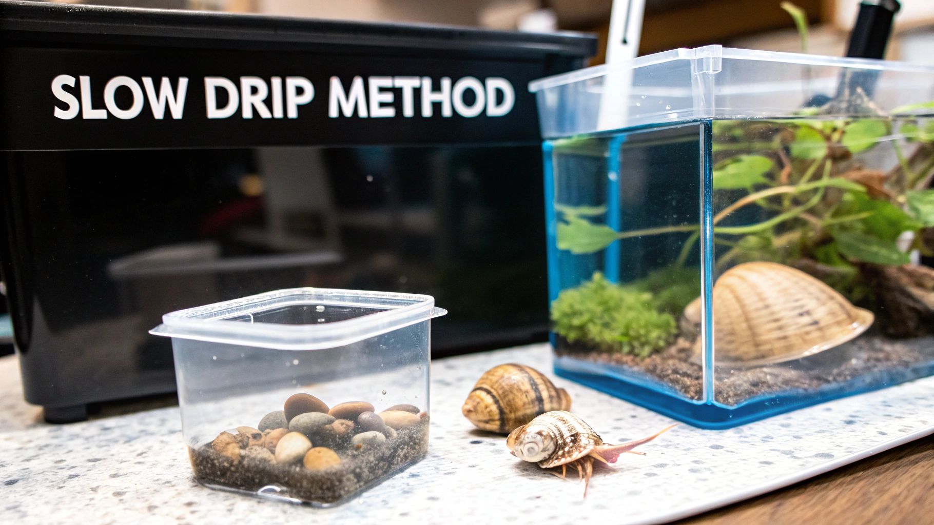 A setup showing the 'slow drip method' for acclimating snails and aquatic elements for a tank.