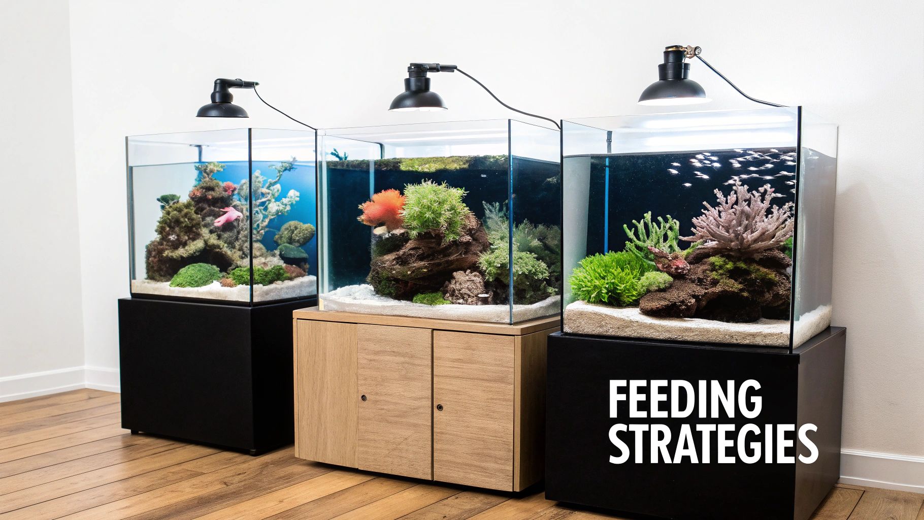 Three well-lit reef aquariums showcasing diverse corals, marine plants, and fish, illustrating feeding strategies.