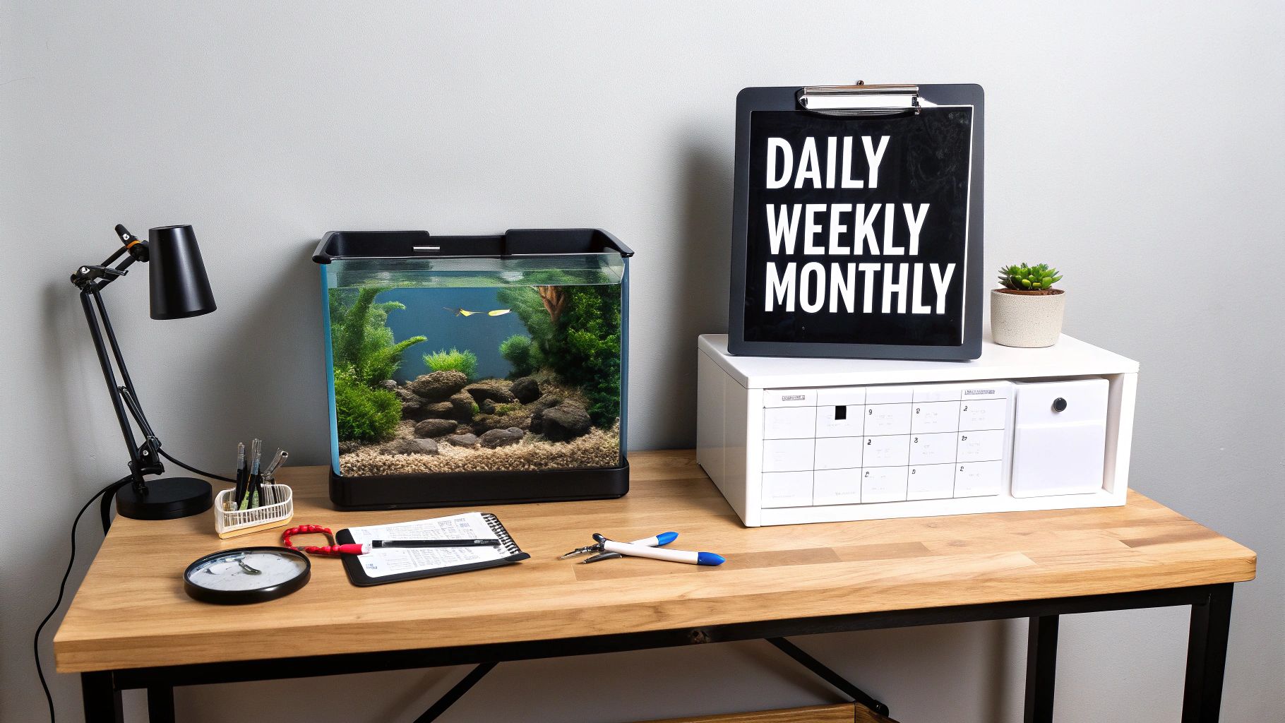 A minimalist desk setup with a vibrant fish tank, a black lamp, and a clipboard with text.