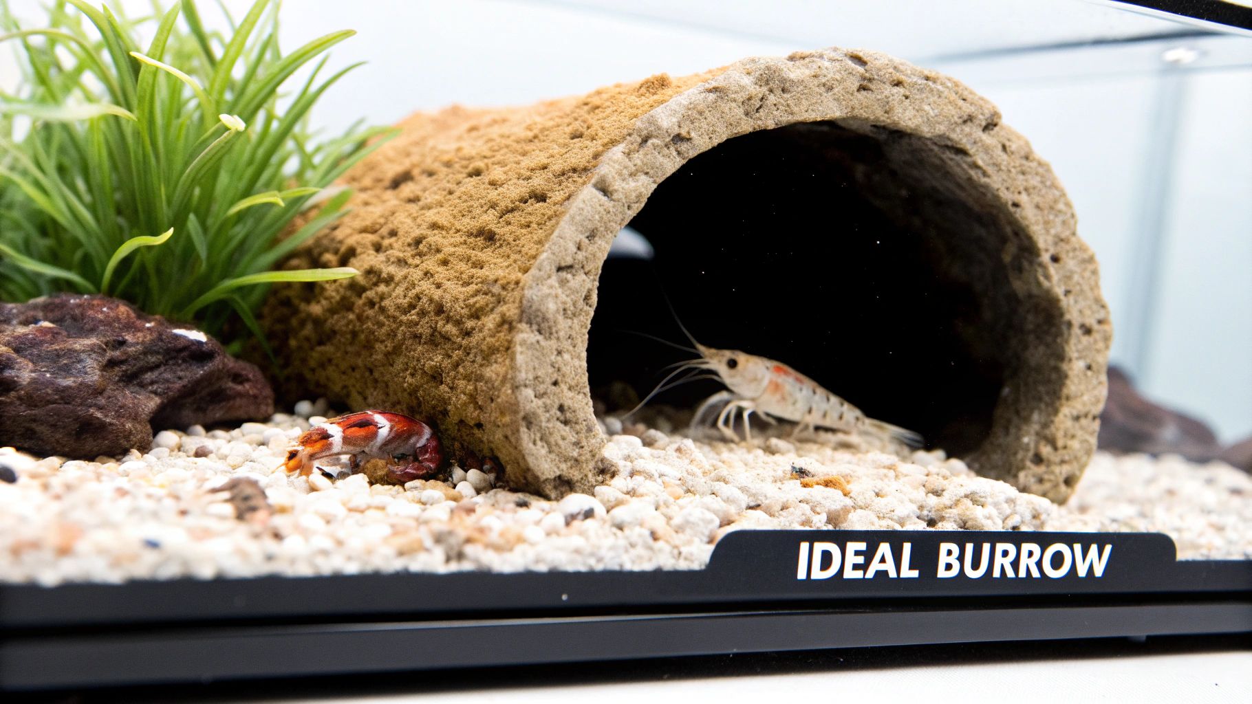 Shrimp hiding inside ceramic cave burrow in aquarium with white gravel substrate and plants