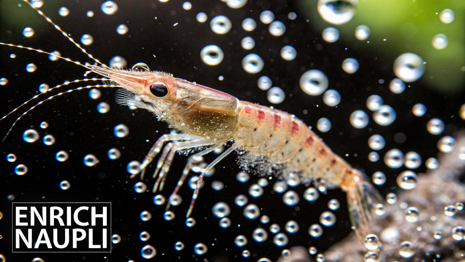 A detailed shot of a baby brine shrimp with big eyes and antennae amidst air bubbles.