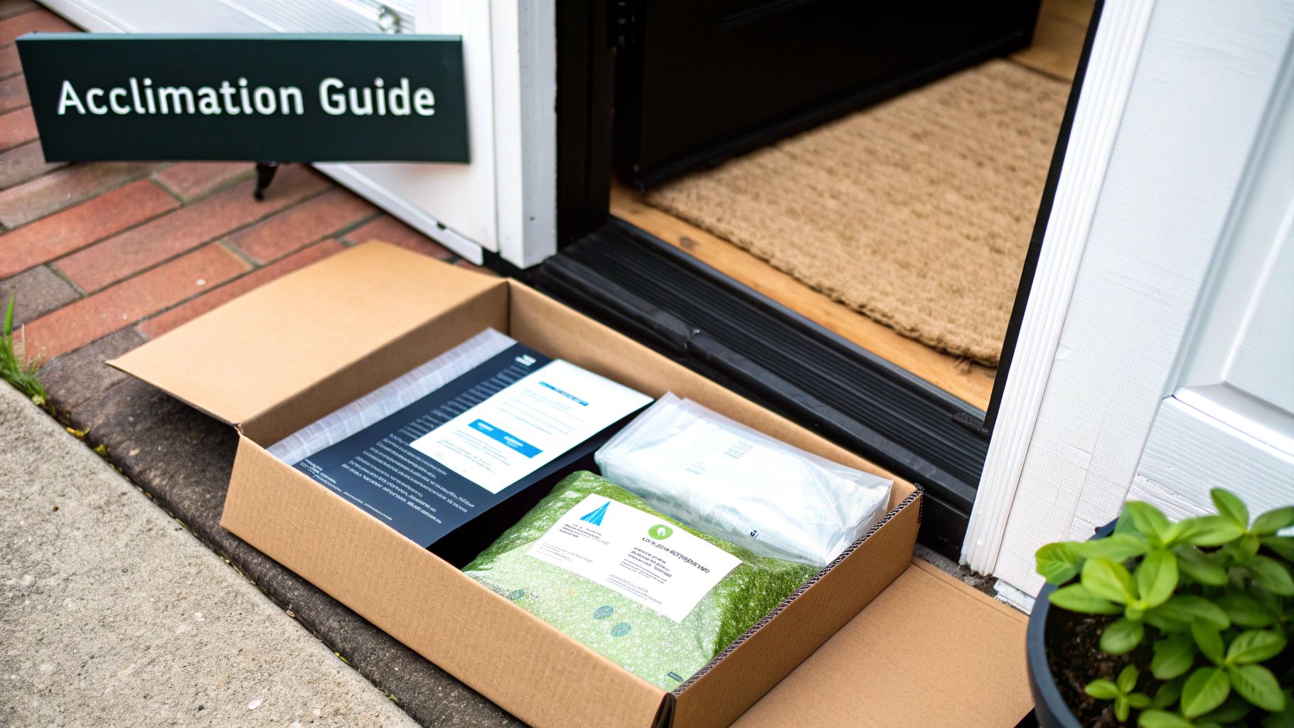 An open cardboard box containing live copepods and documents delivered to a doorstep.